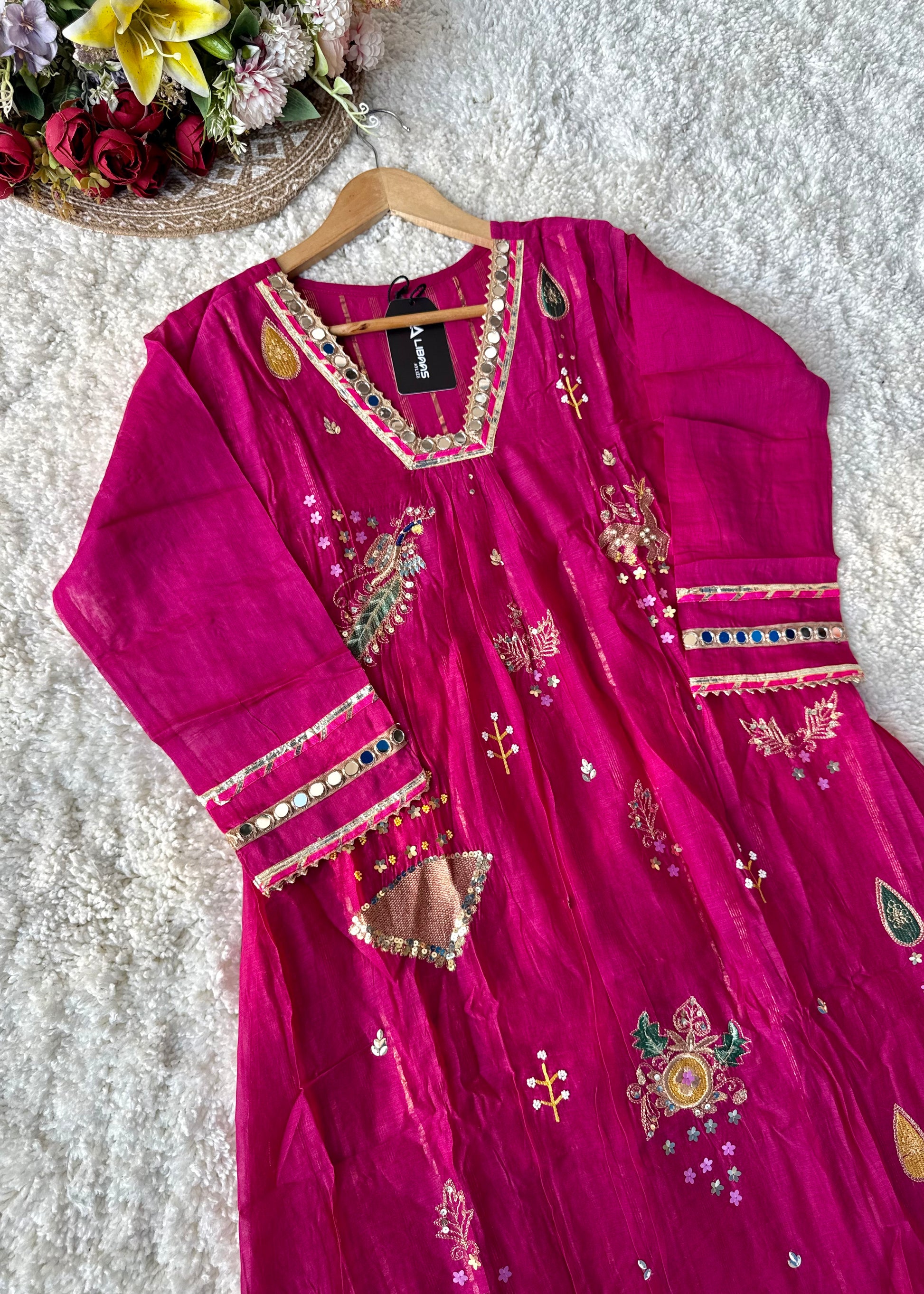 “Fuchsia” Trending Mul Chanderi Heavy Handwork A Line Suit Set