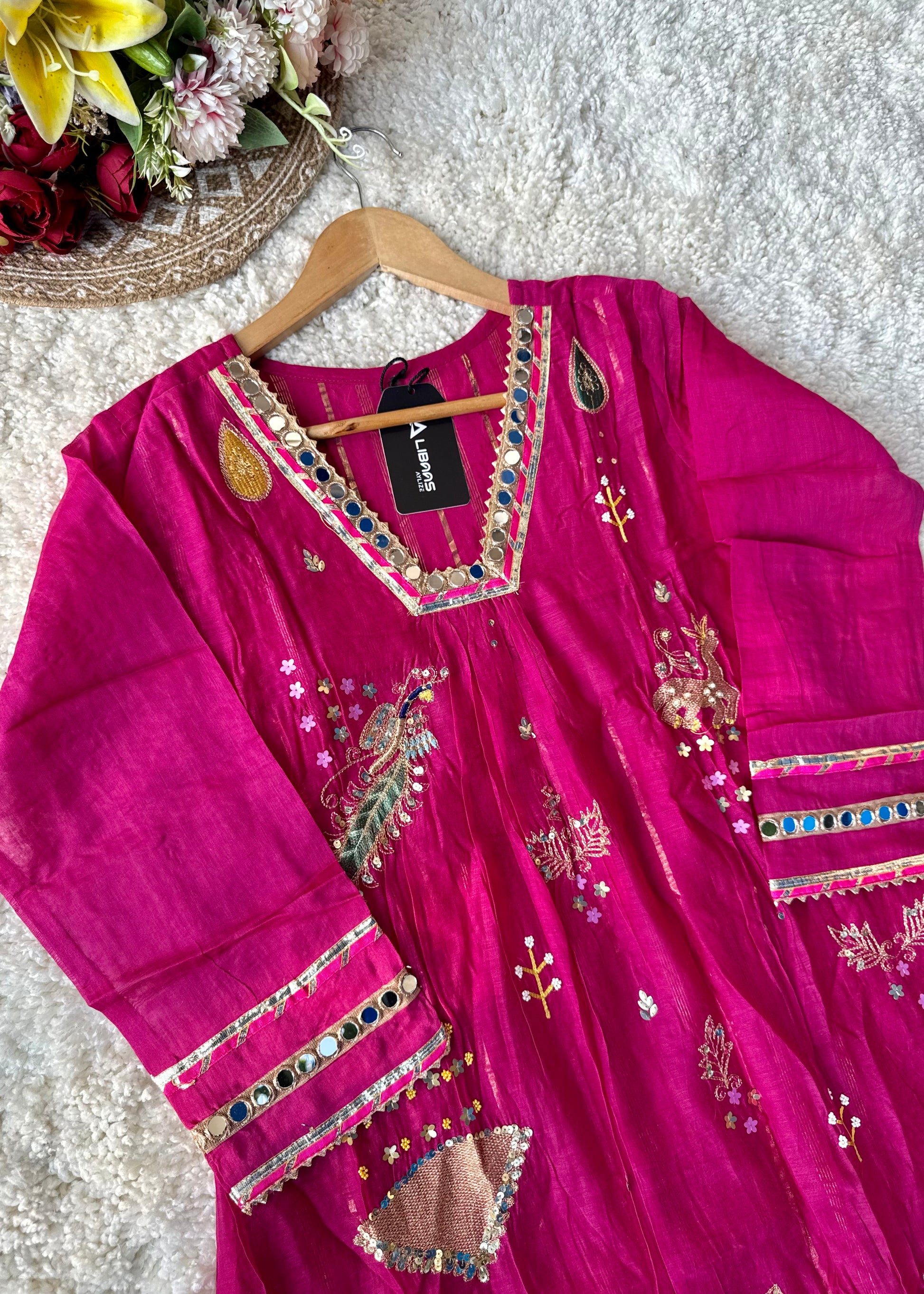 “Fuchsia” Trending Mul Chanderi Heavy Handwork A Line Suit Set