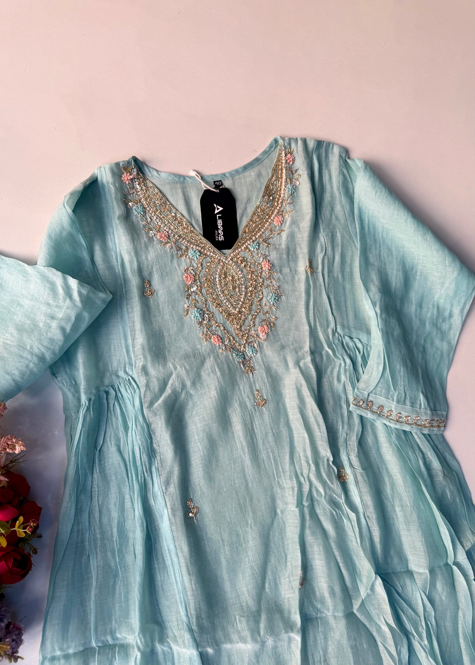 “Ziva” Pure Mul-Chanderi Party wear A Line suit set