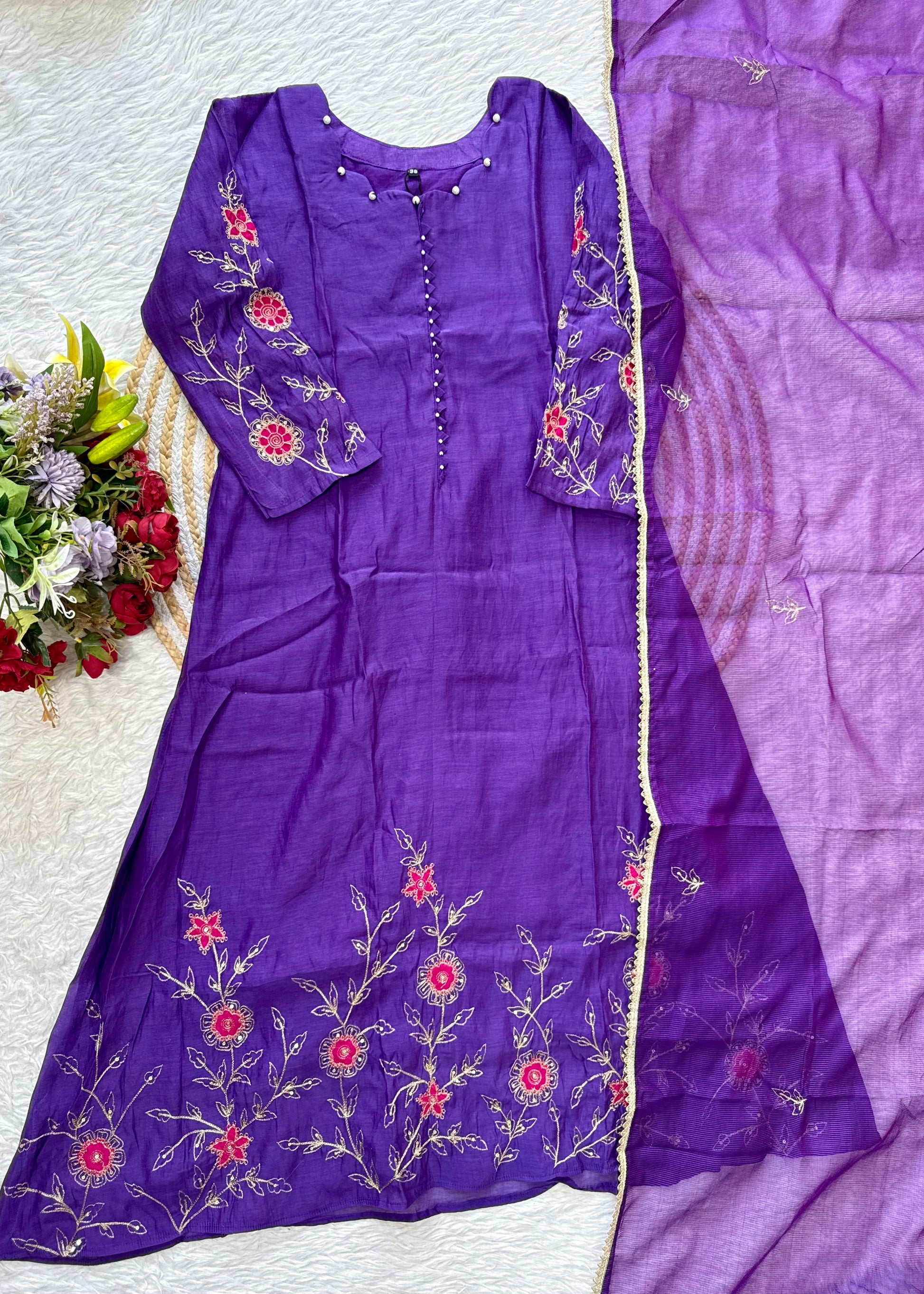 “FIDA” Premium Mul Chanderi Daman work anarkali suit set