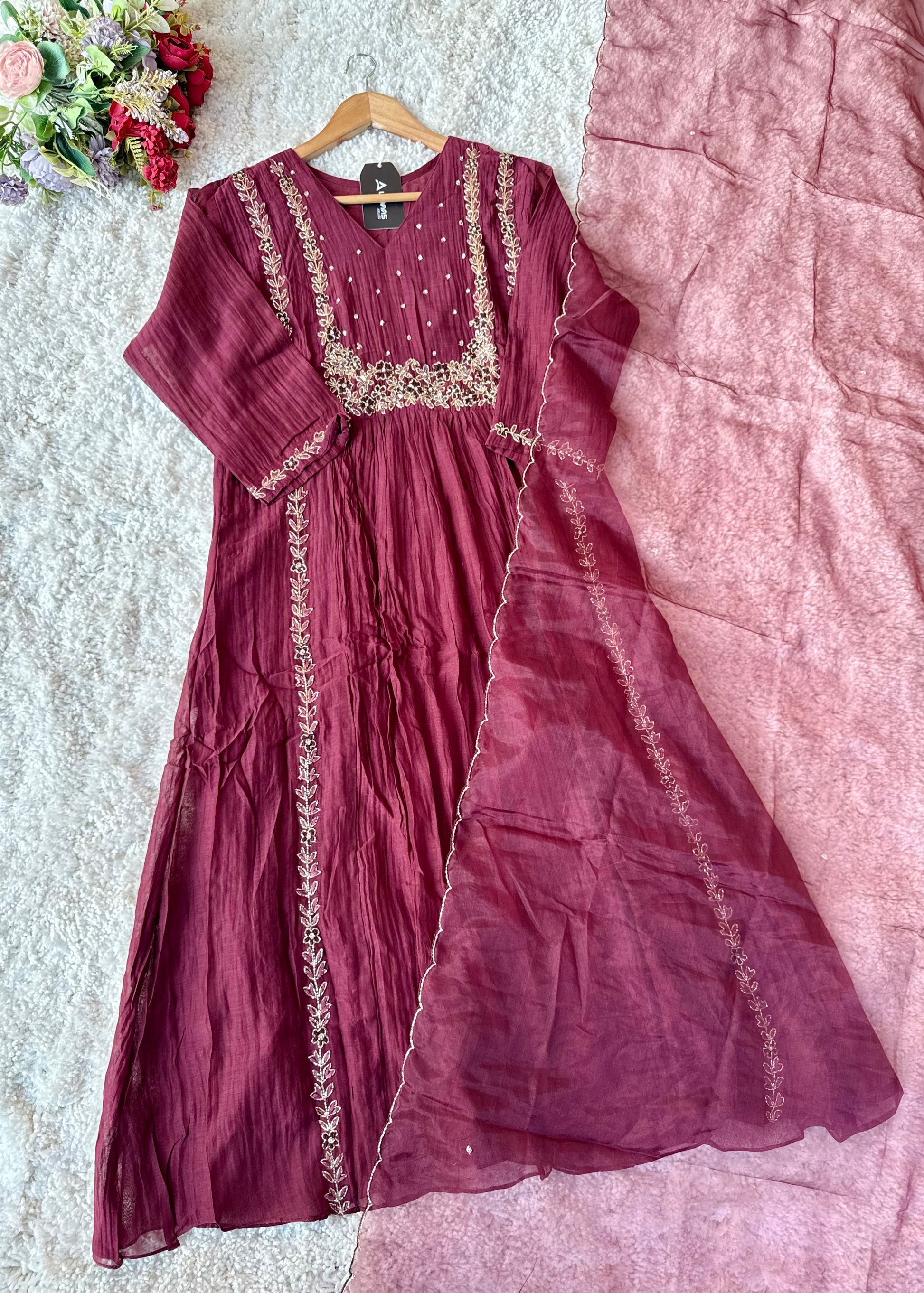 “Ayza” Pre book Premium Maroon Mul Chanderi A Line Suit set 🛍️