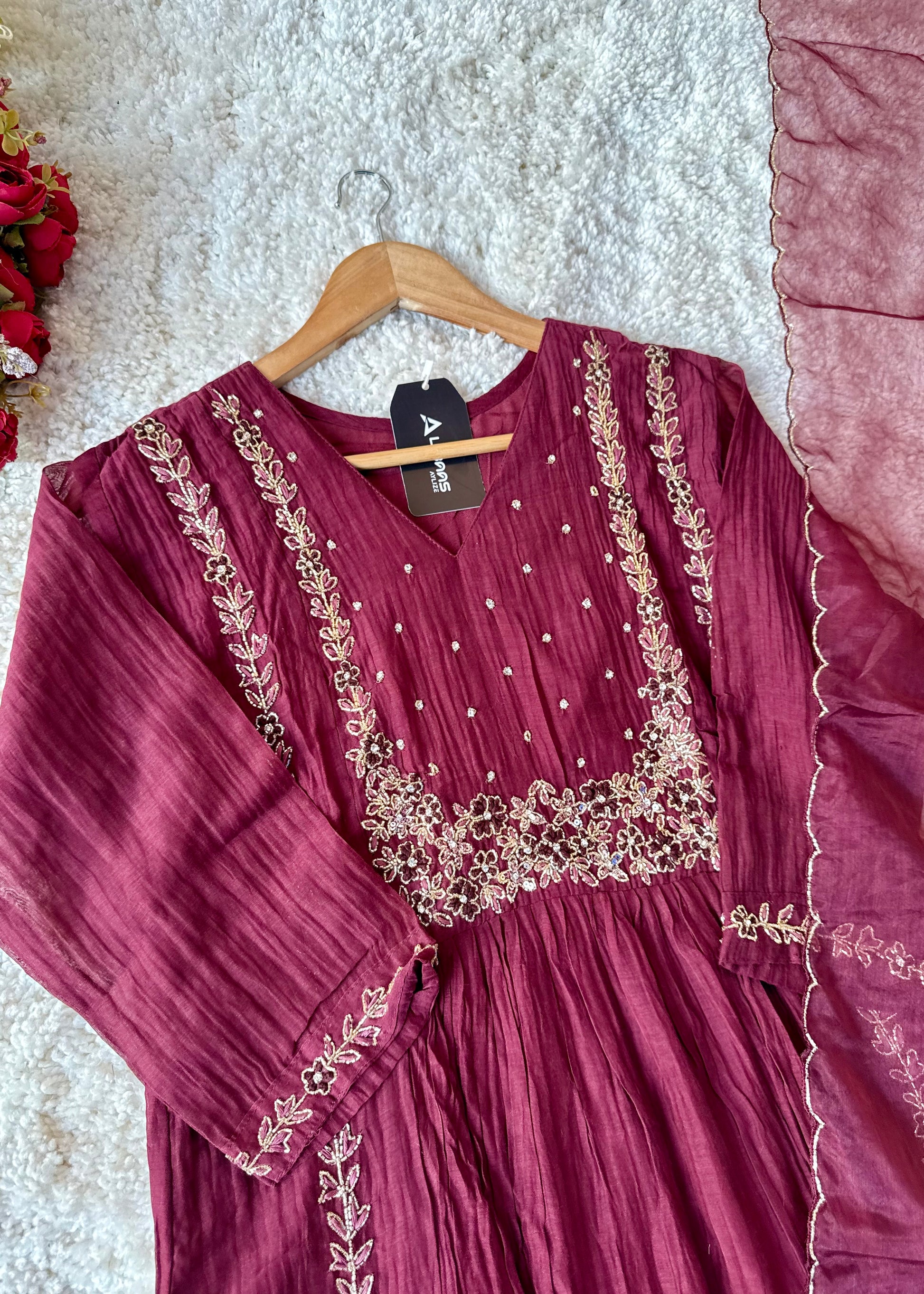 “Ayza” Pre book Premium Maroon Mul Chanderi A Line Suit set 🛍️