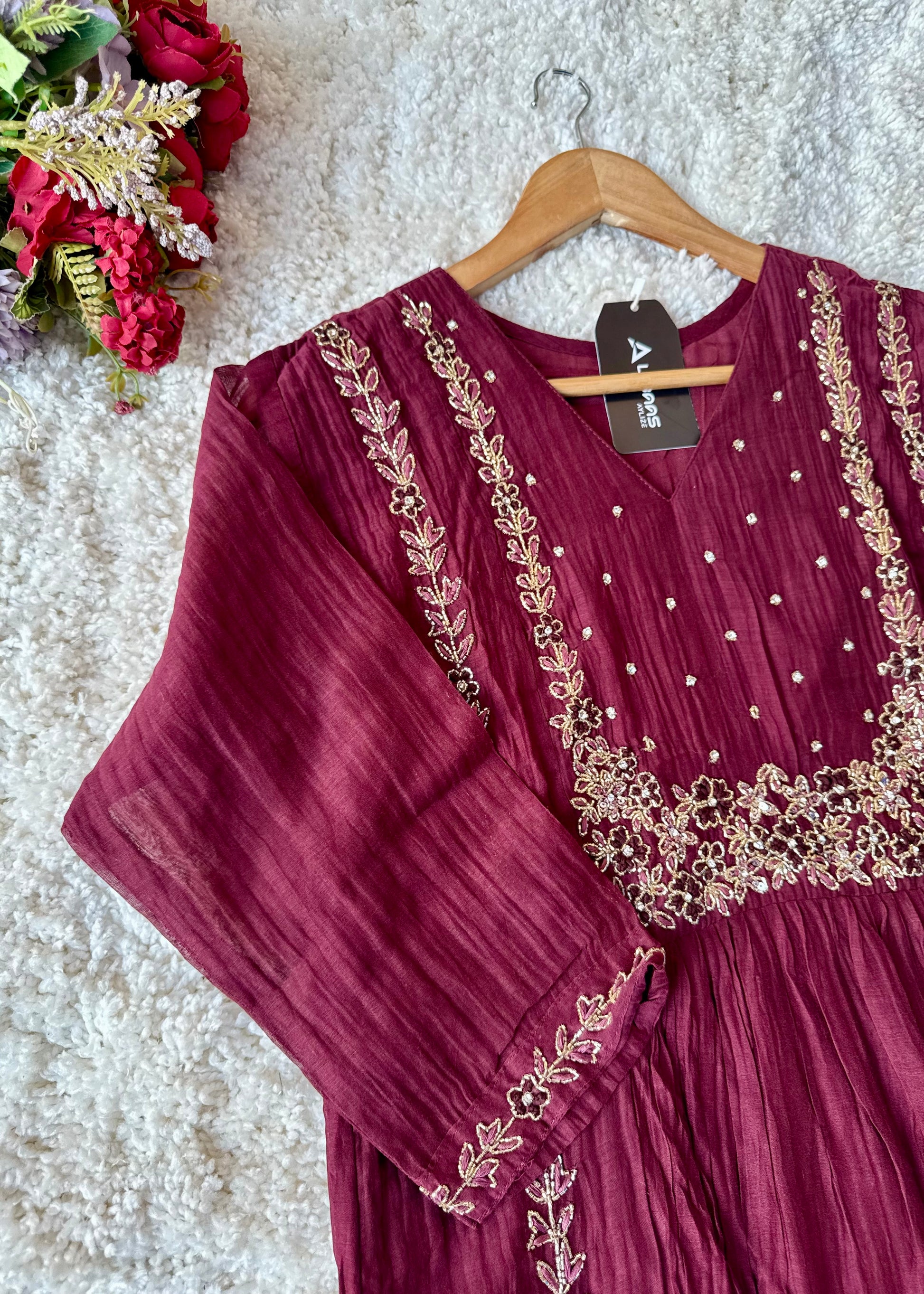 “Ayza” Pre book Premium Maroon Mul Chanderi A Line Suit set 🛍️