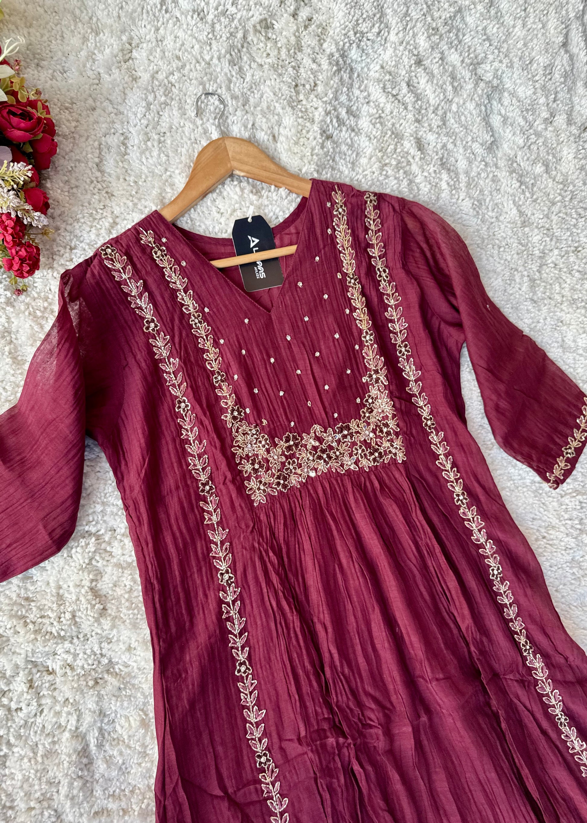 “Ayza” Pre book Premium Maroon Mul Chanderi A Line Suit set 🛍️