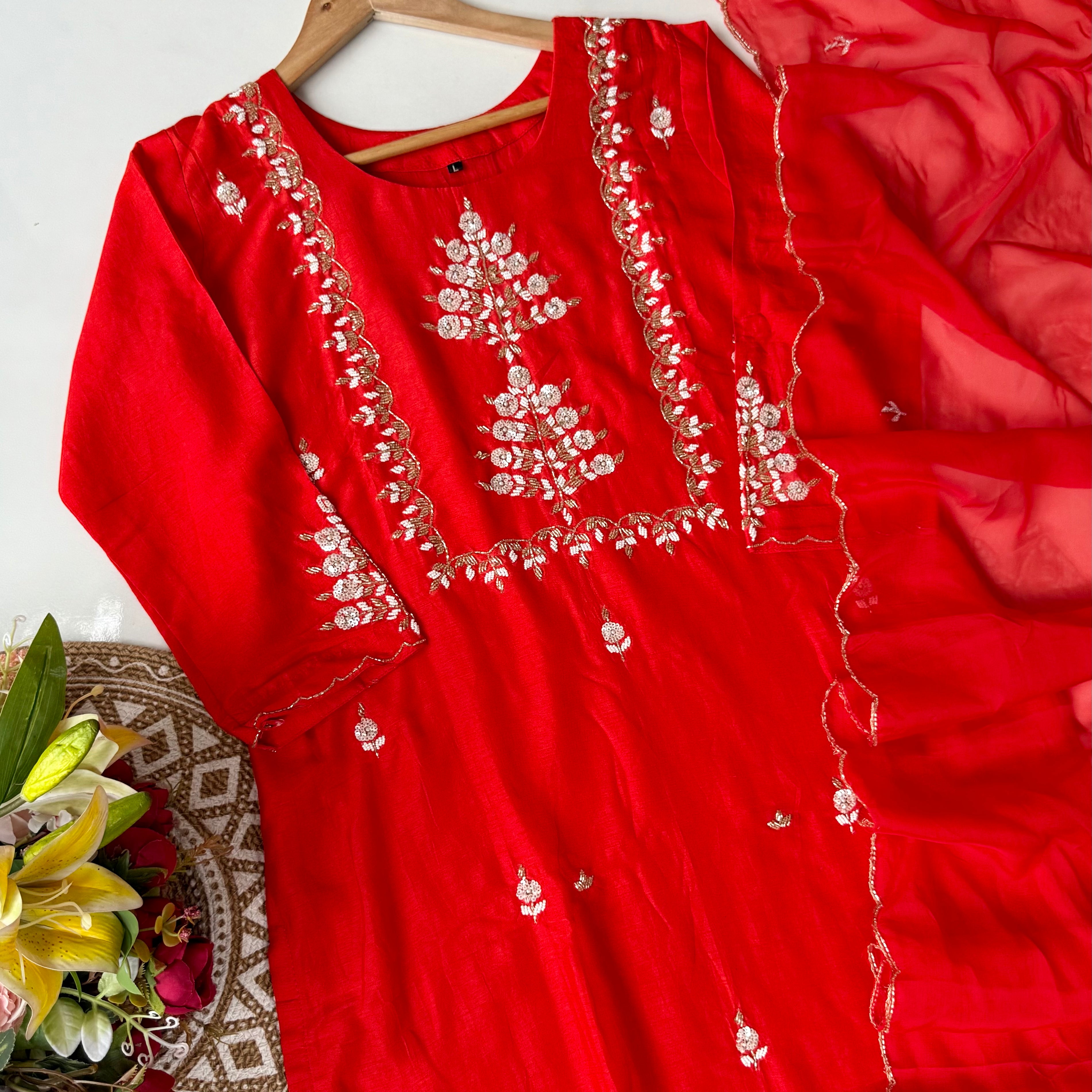 “Orange” Partywear Orange heavy handwork Dola Silk Kurta Set