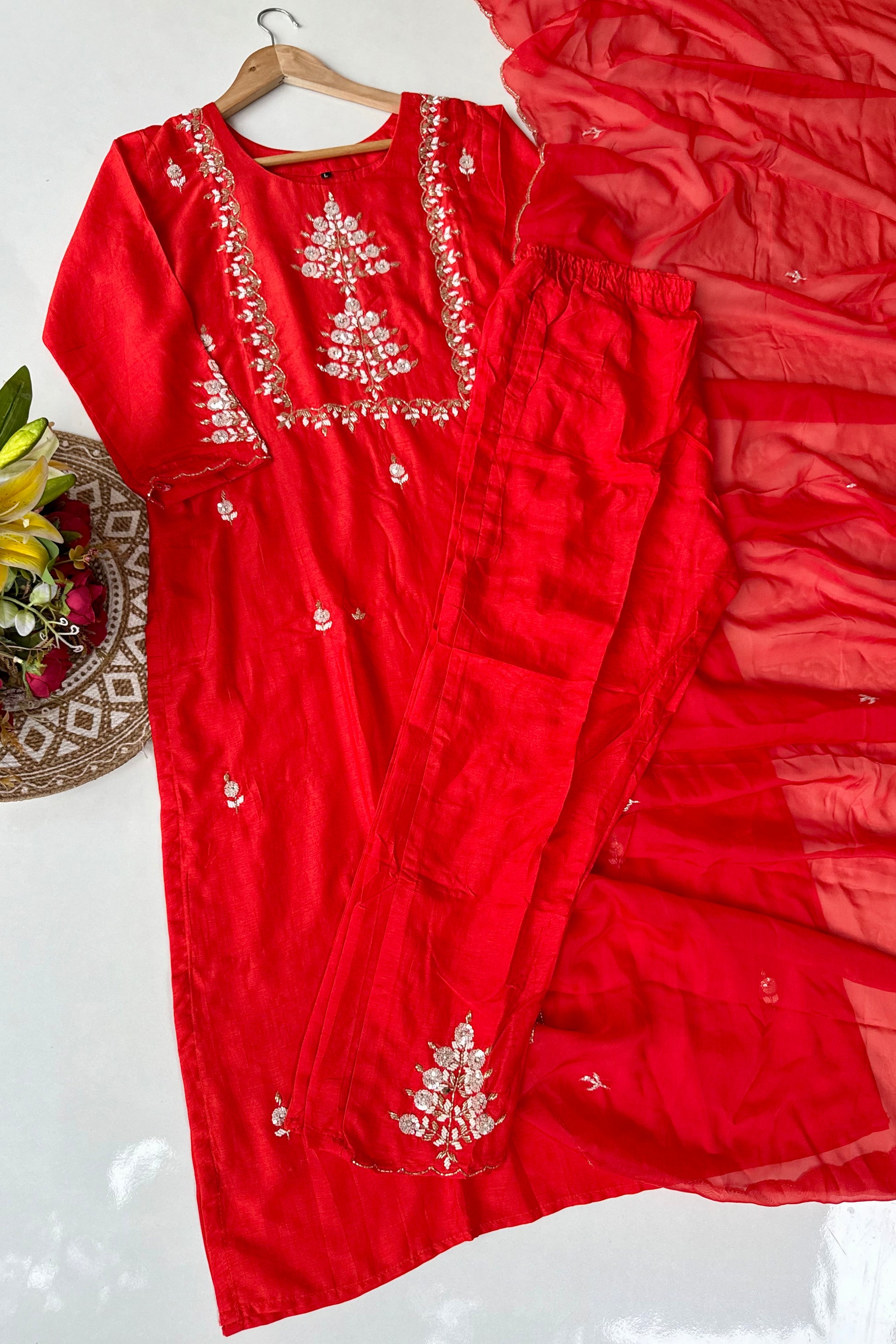 “Orange” Partywear Orange heavy handwork Dola Silk Kurta Set