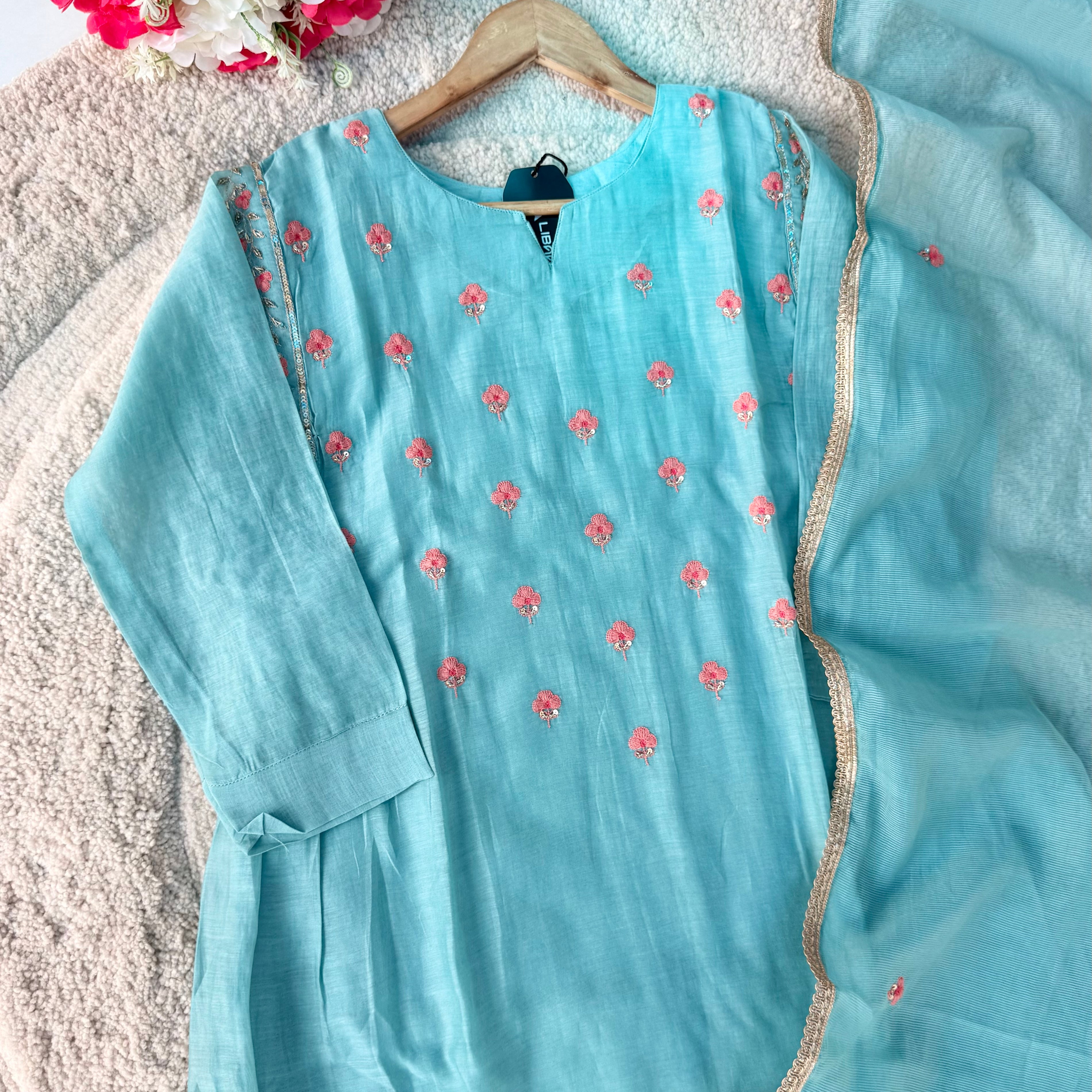 🛍️”Delilah – Premium Aqua Blue Mul Chanderi A Line Kurta Set