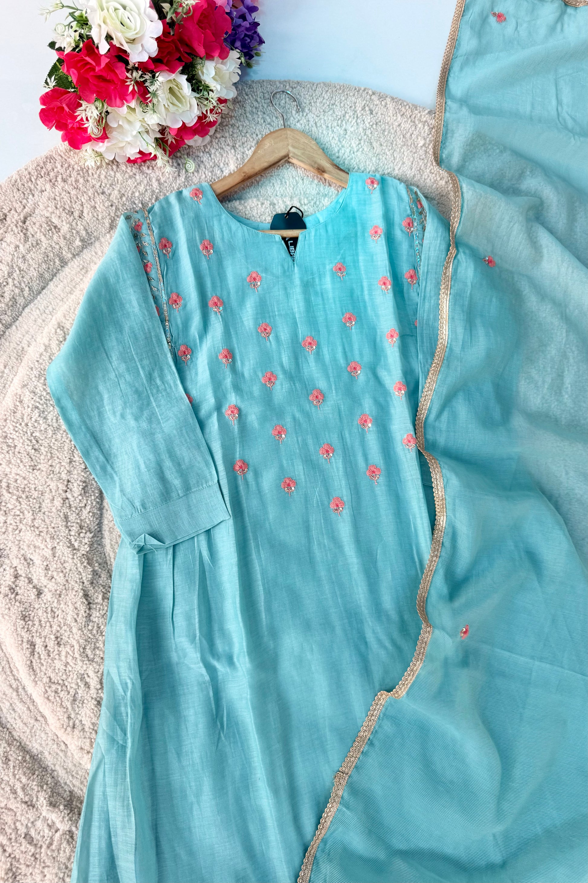 🛍️”Delilah – Premium Aqua Blue Mul Chanderi A Line Kurta Set