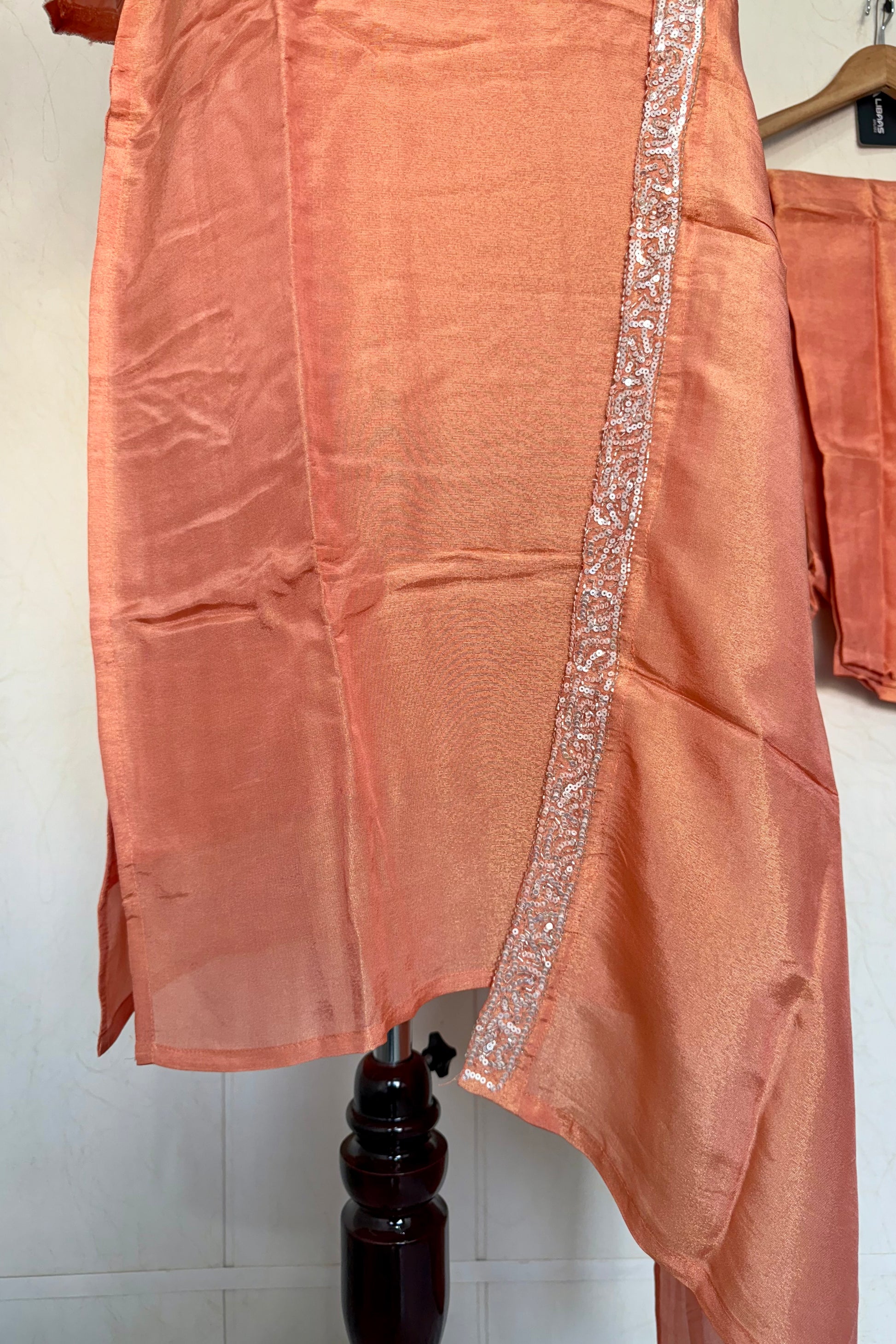 “SHINE” Beautiful Peach with gold tone shimmer tissue kurta set