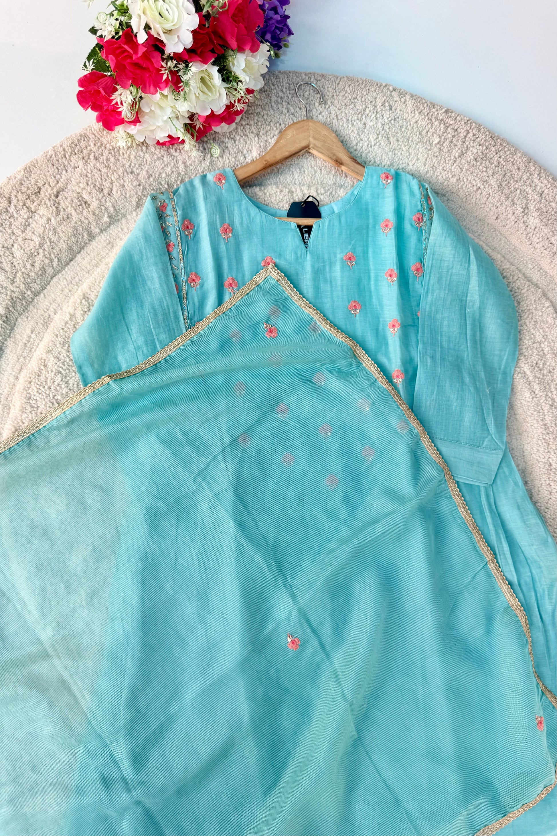 🛍️”Delilah – Premium Aqua Blue Mul Chanderi A Line Kurta Set