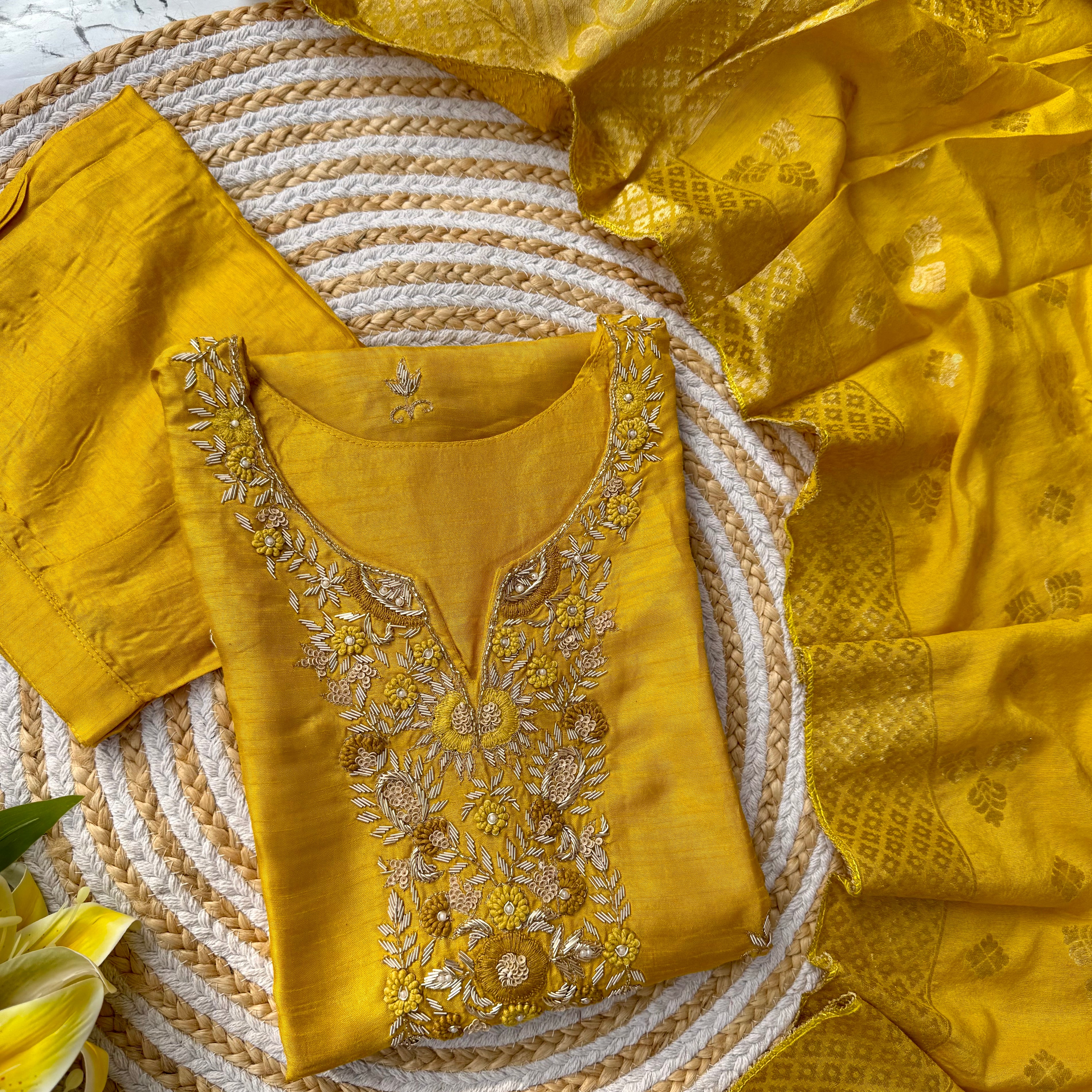"Nadia" Mustard yellow dola silk kurta set