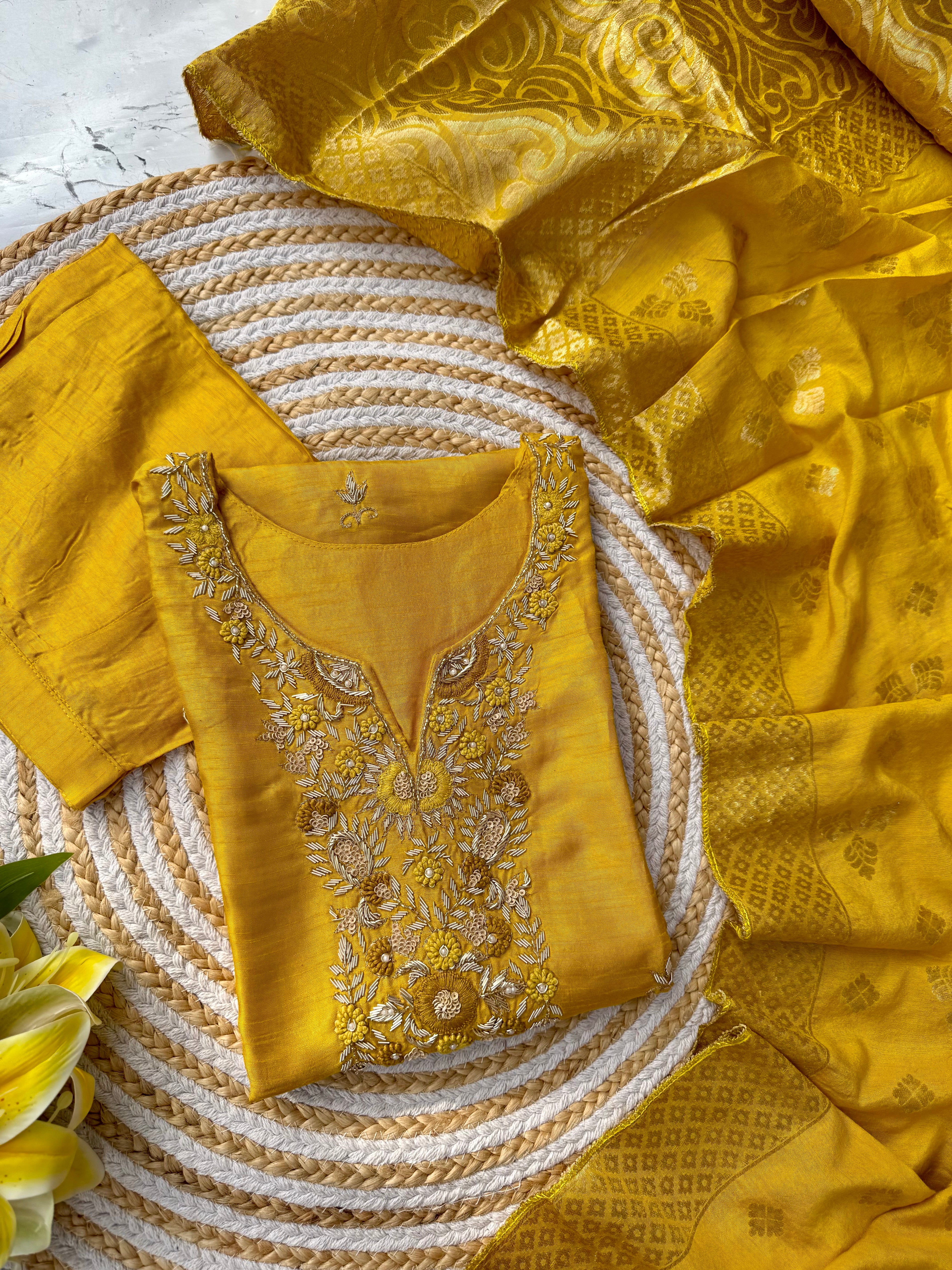 "Nadia" Mustard yellow dola silk kurta set