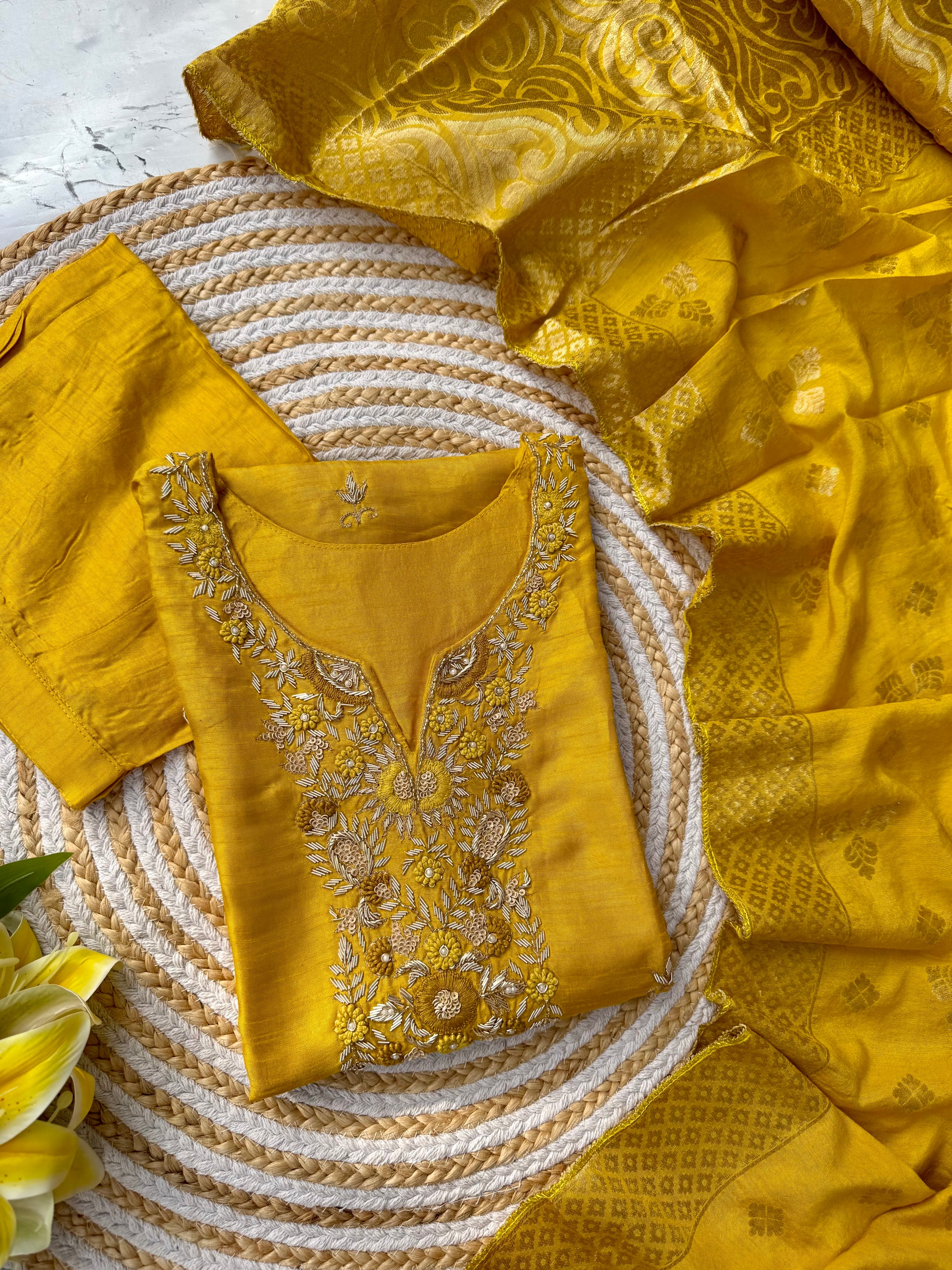 "Nadia" Mustard yellow dola silk kurta set