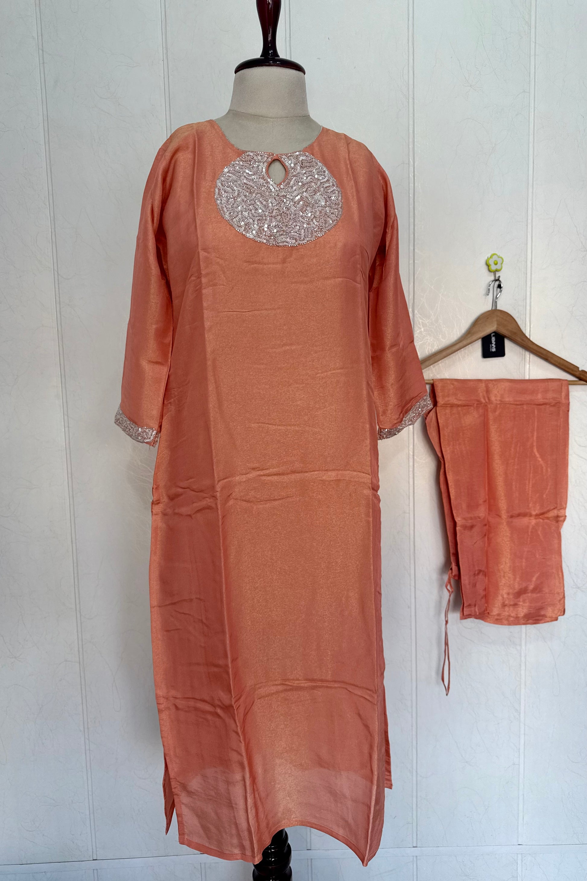 “SHINE” Beautiful Peach with gold tone shimmer tissue kurta set