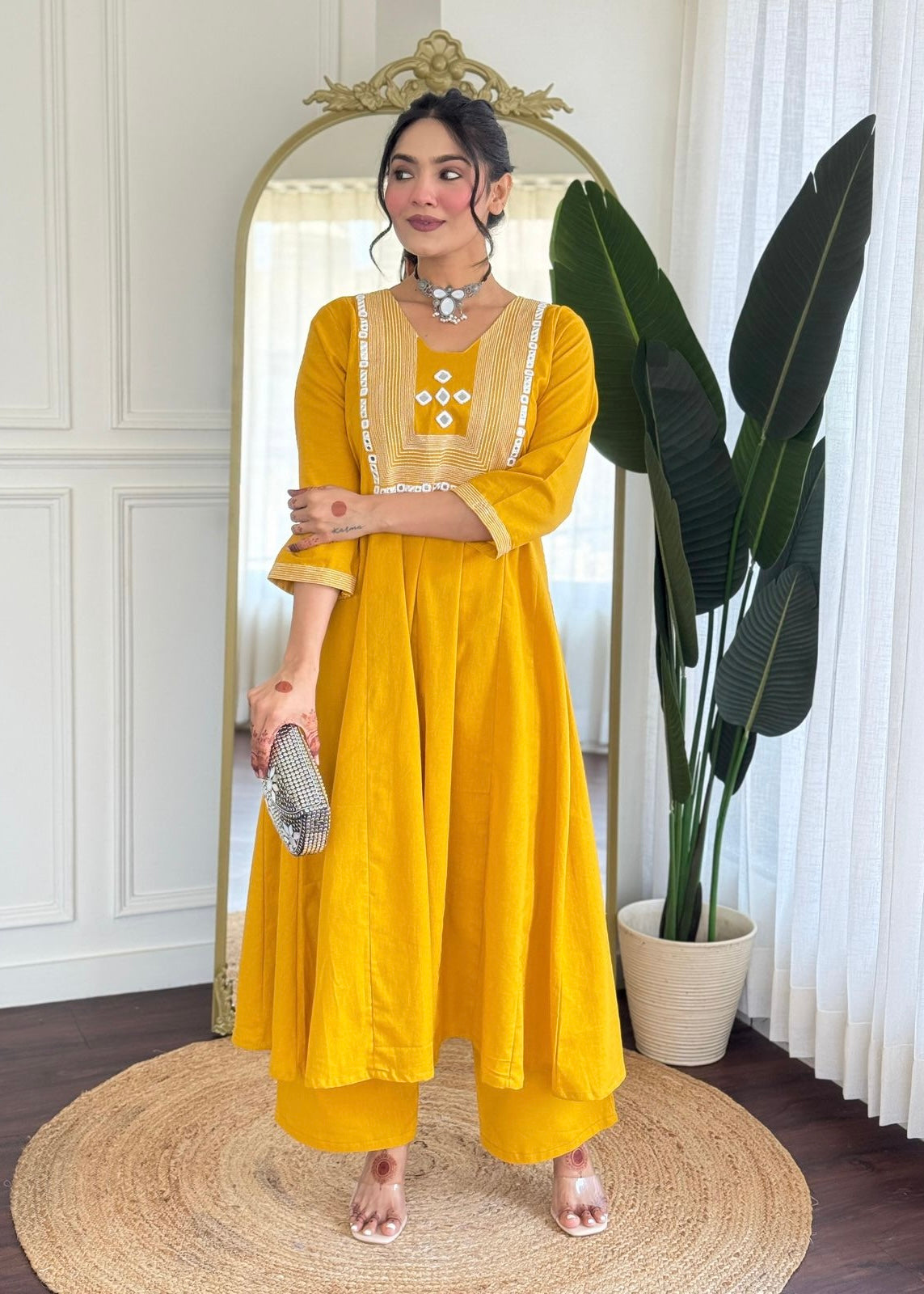 “IRYA" Premium Mirror work cotton A line kurta set