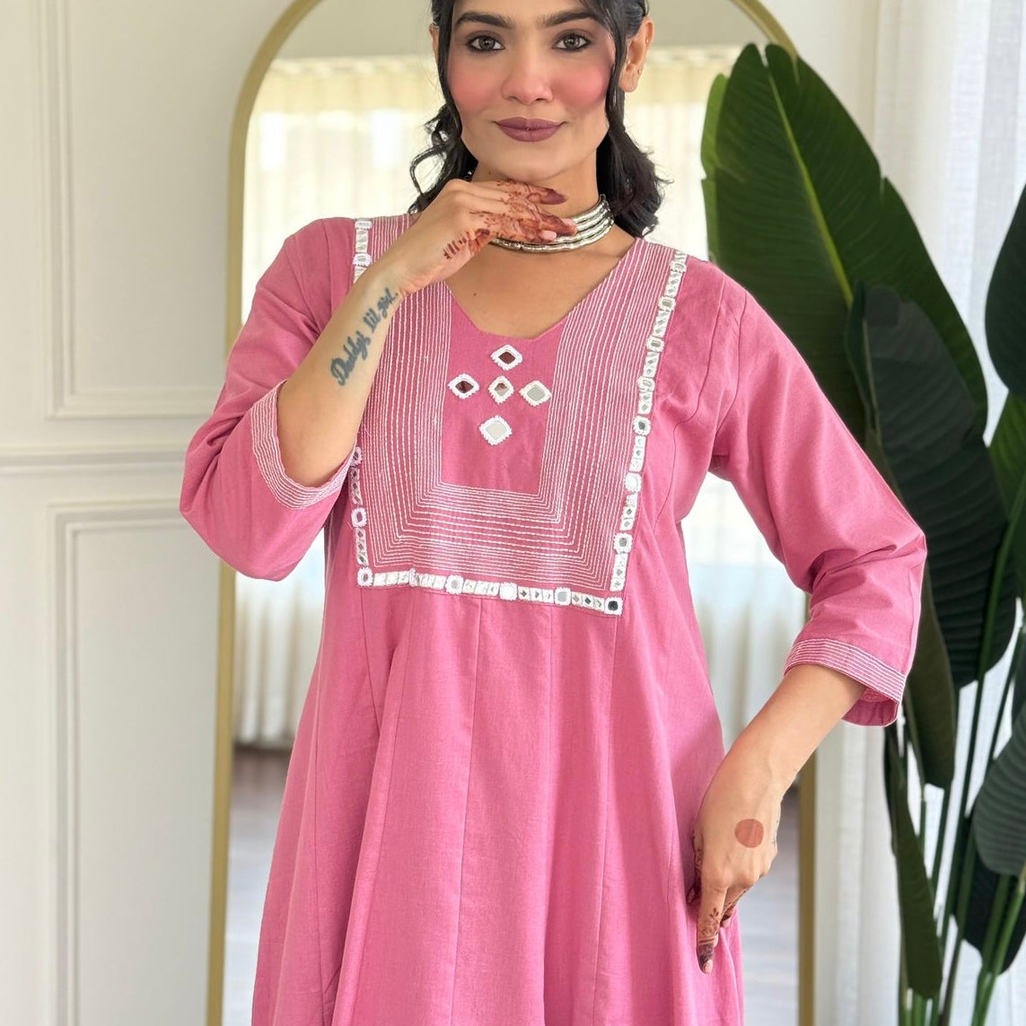 “IRYA" Premium Mirror work cotton A line kurta set