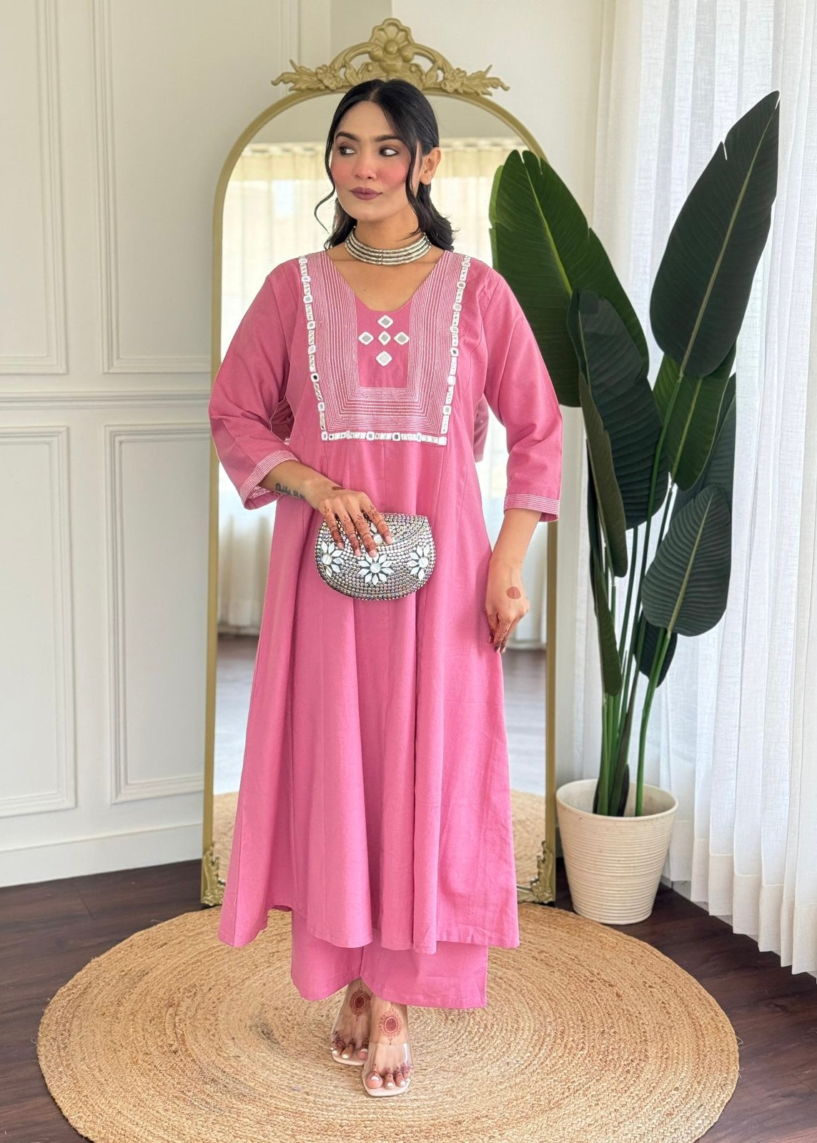 “IRYA" Premium Mirror work cotton A line kurta set