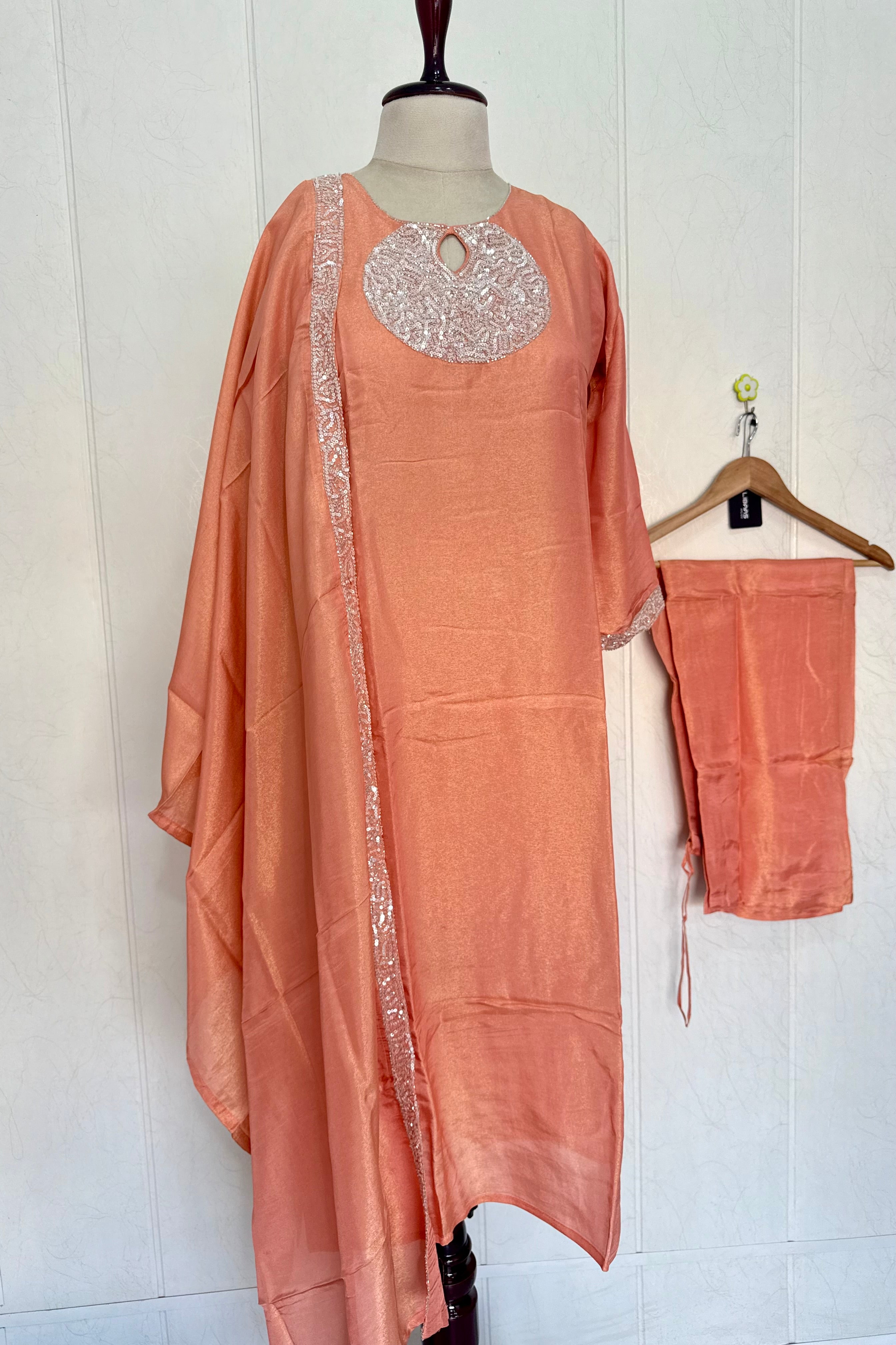“SHINE” Beautiful Peach with gold tone shimmer tissue kurta set