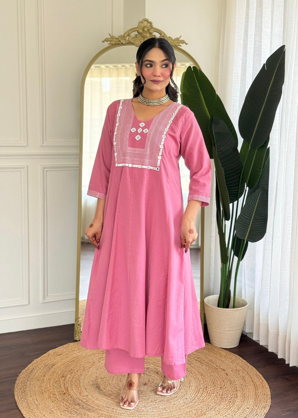 “IRYA" Premium Mirror work cotton A line kurta set