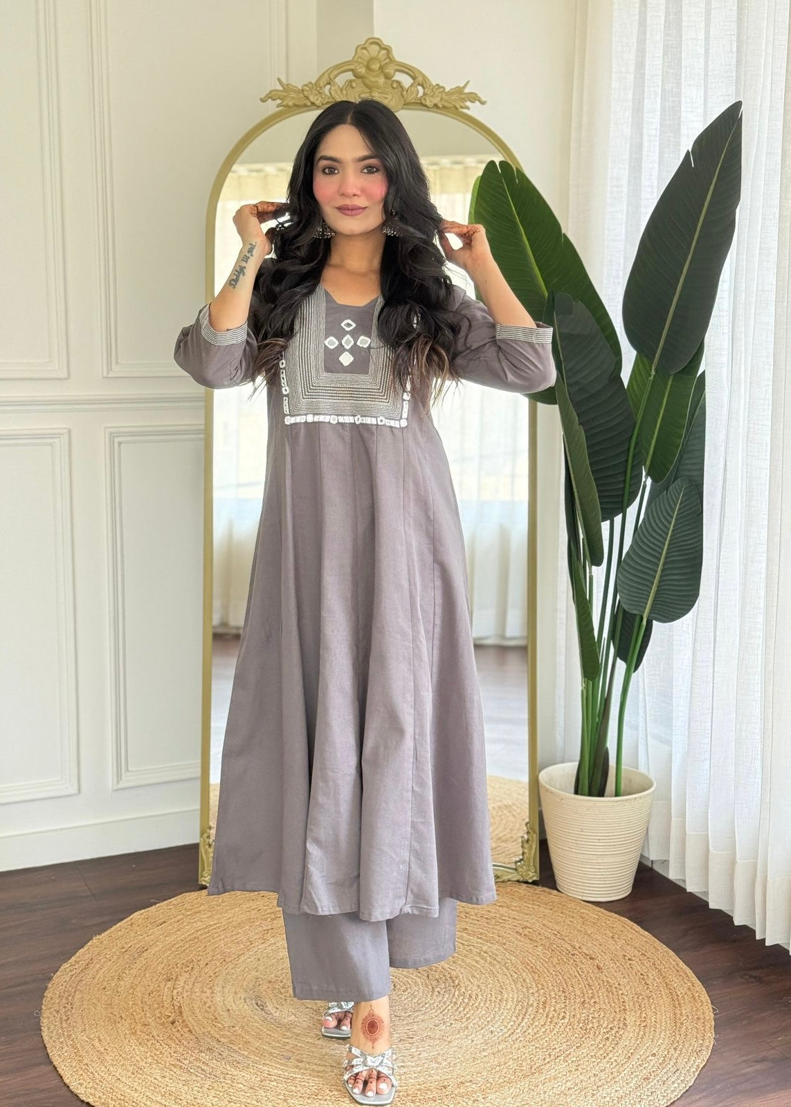 “IRYA" Premium Mirror work cotton A line kurta set
