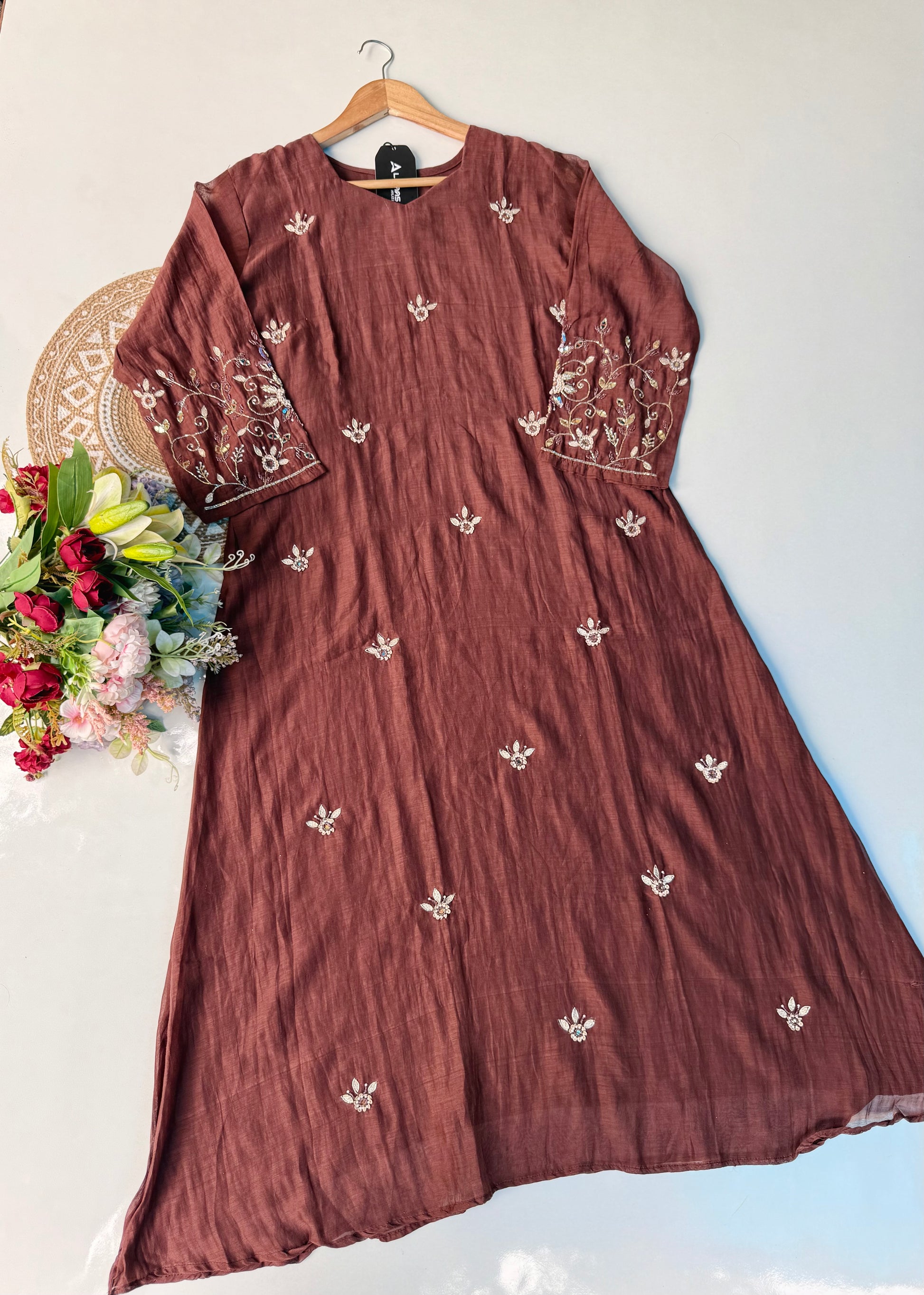 “Pihu” Premium Brown Mul Chanderi A-Line Anarkali Kurta