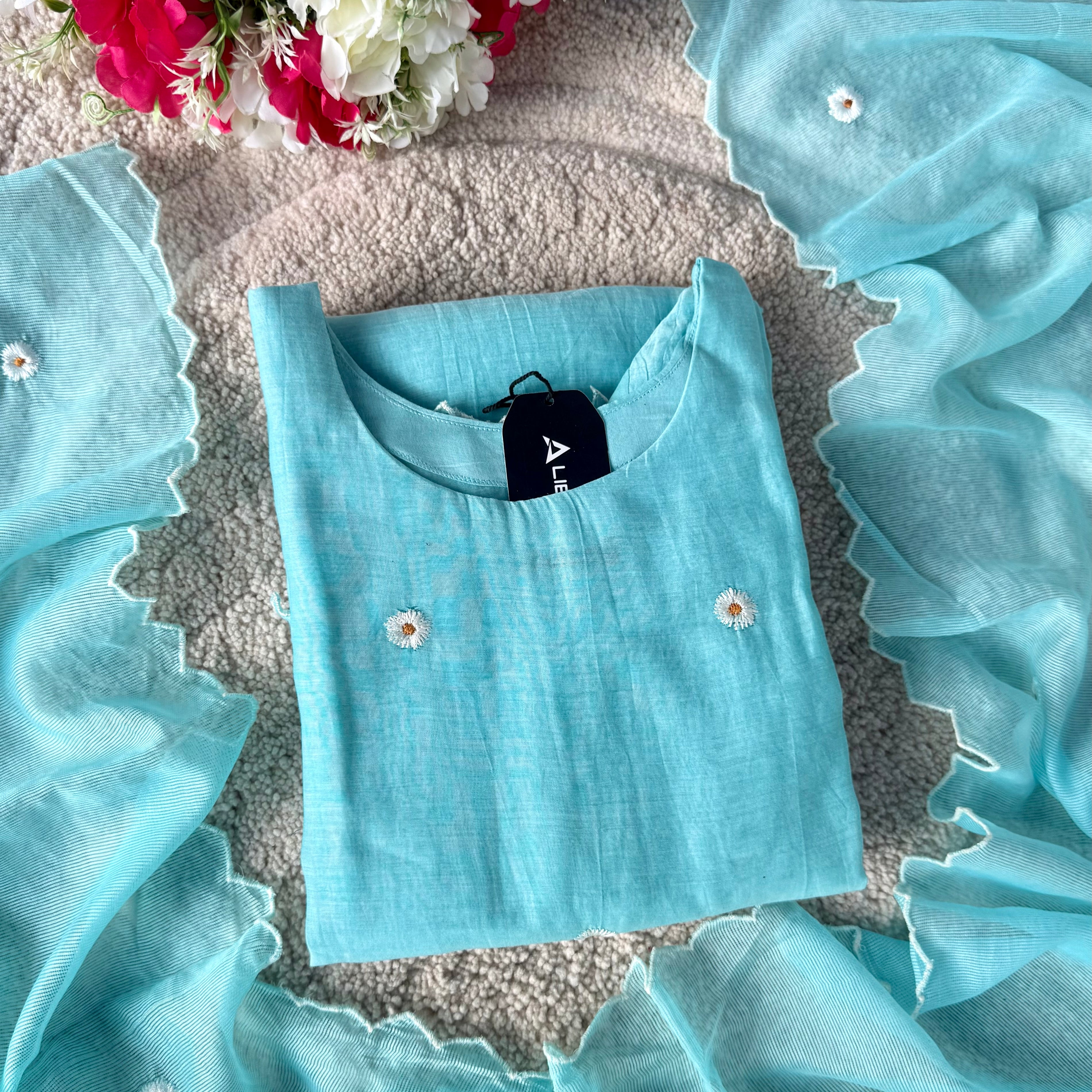 💫Tara – Premium Sea Blue Mul Chanderi A Line Kurta Set