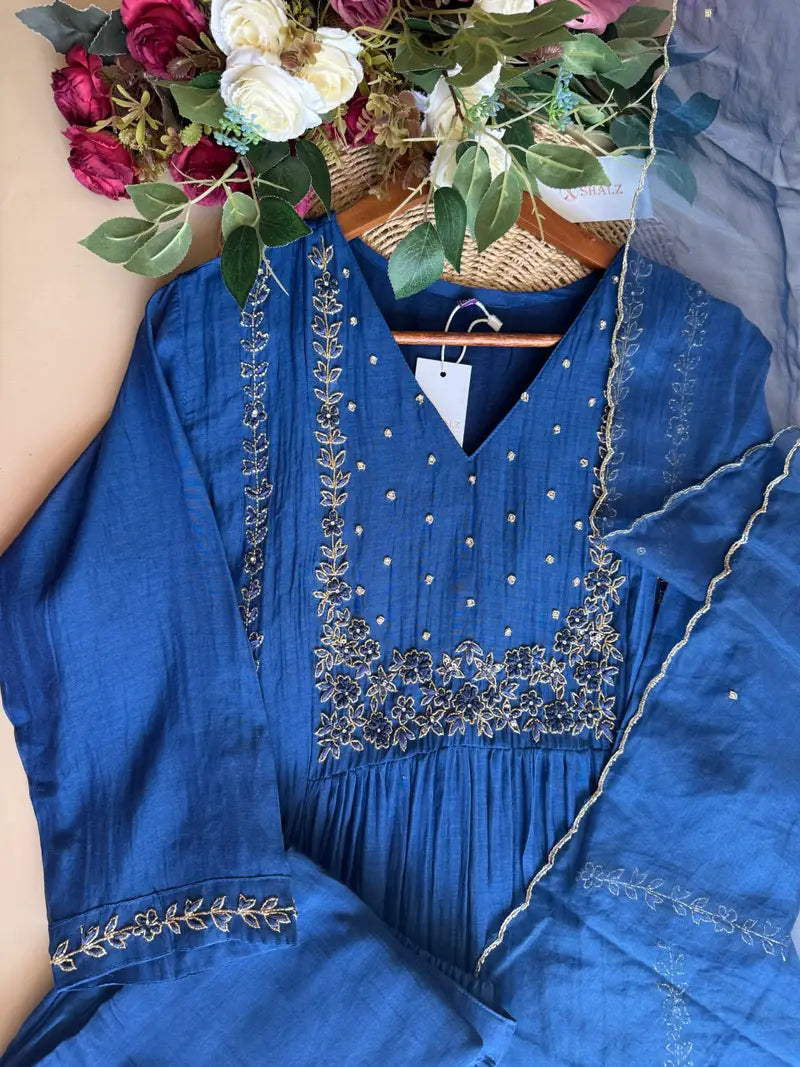 💙Ayza- Premium Blue Mul Chanderi A Line Suit set 🛍️