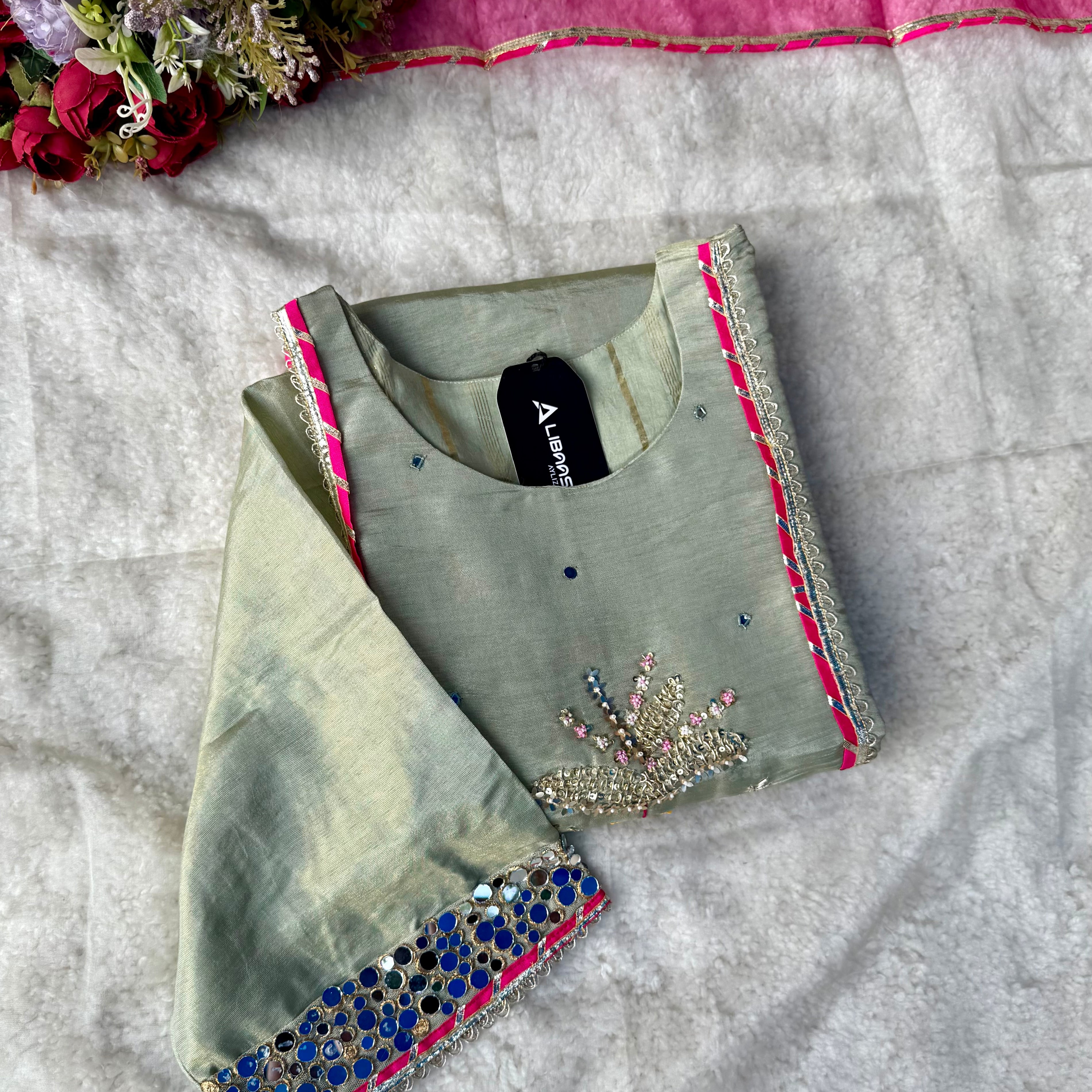 “Zara” Trending Mul Premium Mul Chanderi A Line Suit Set in Olive Green