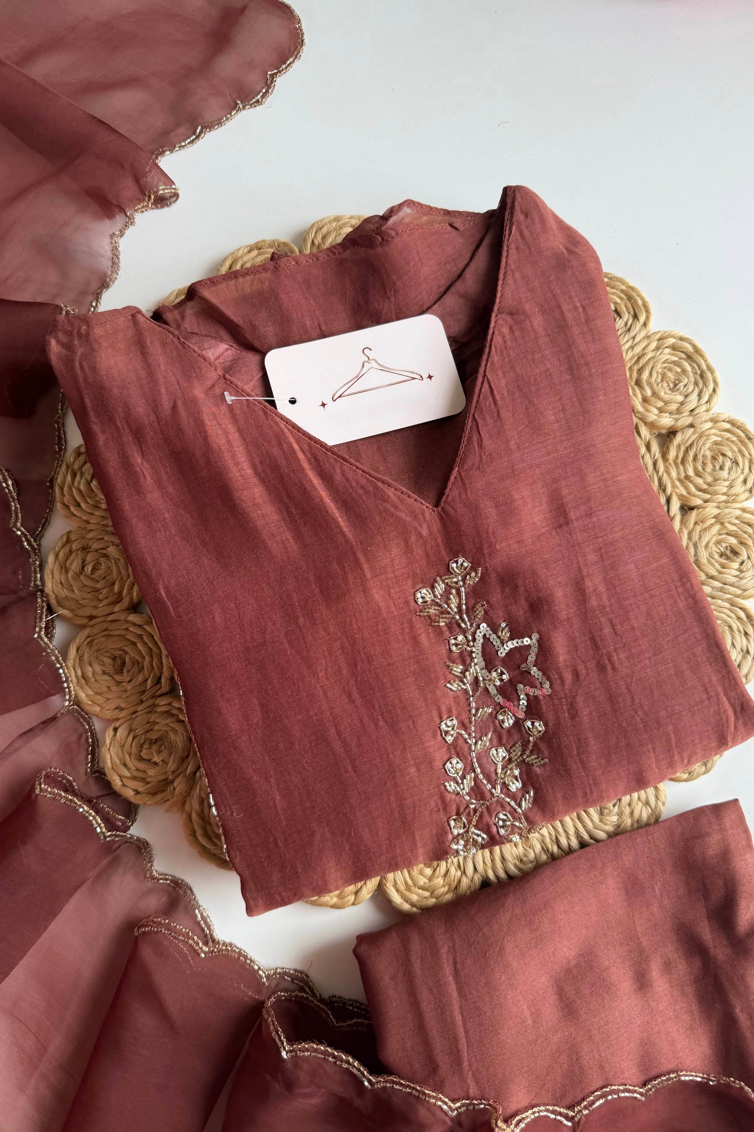 ✨”Rida - Pre book Premium Rose Brown Mul Chanderi A-Line Kurta Set
