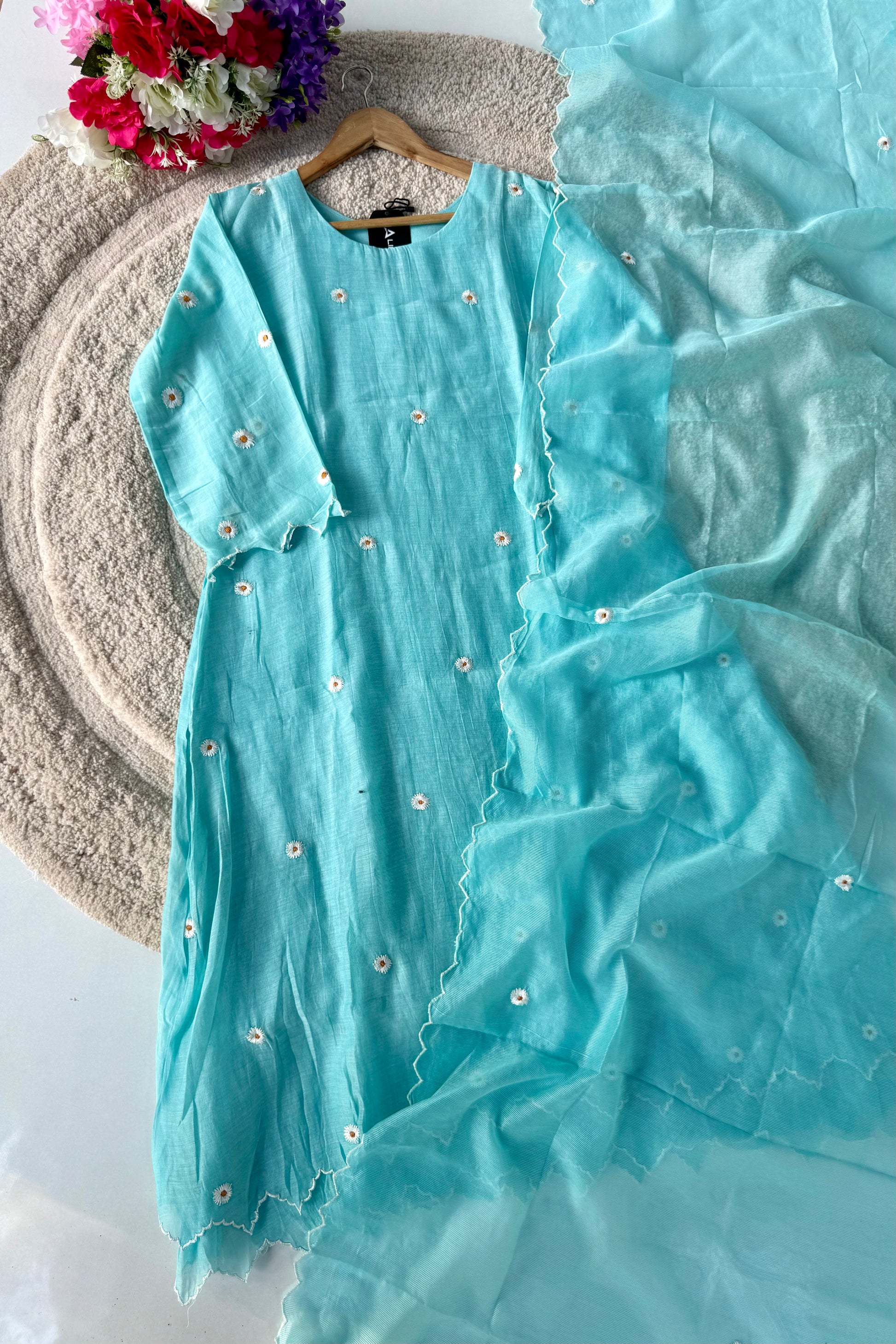 💫Tara – Premium Sea Blue Mul Chanderi A Line Kurta Set