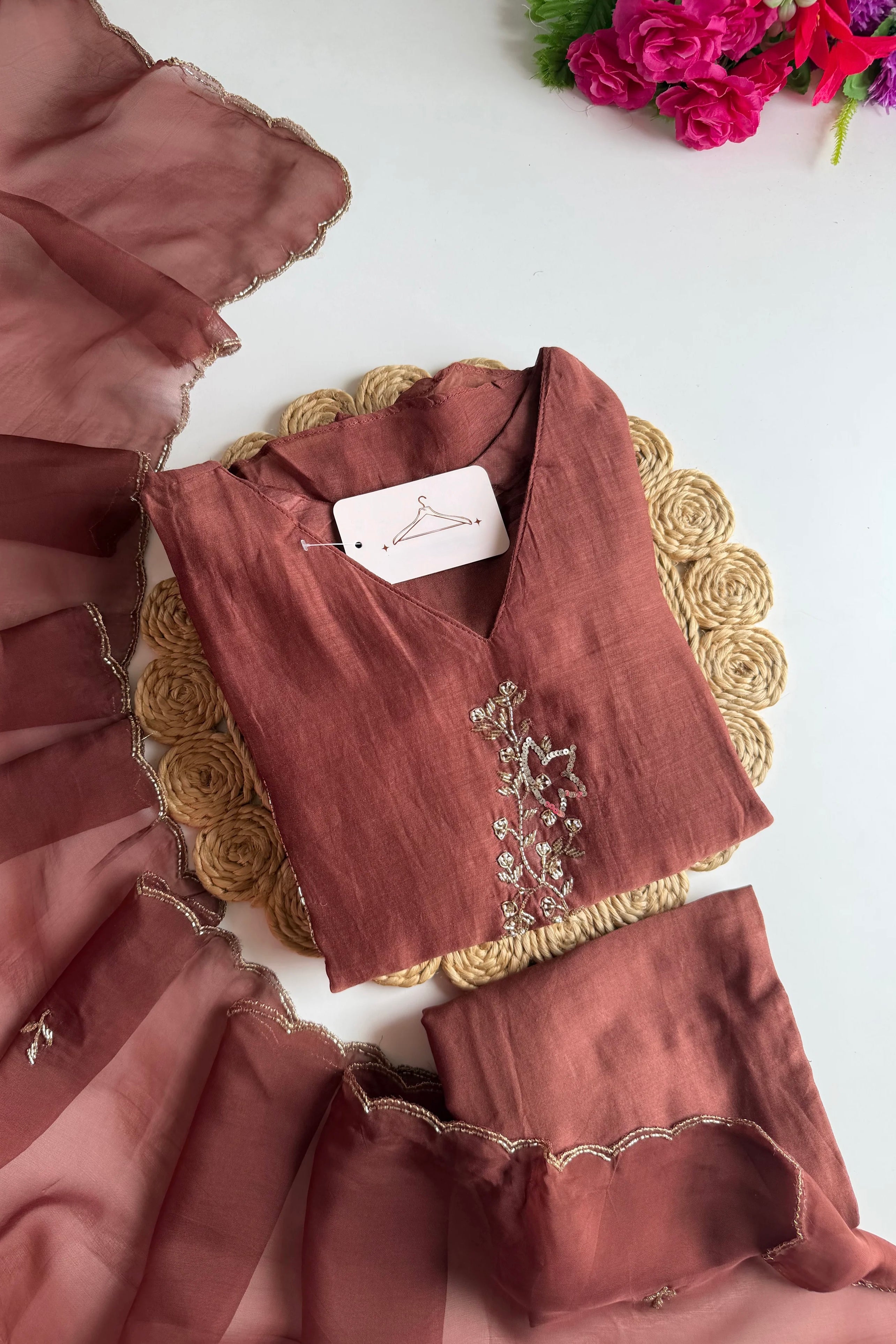 ✨”Rida - Pre book Premium Rose Brown Mul Chanderi A-Line Kurta Set