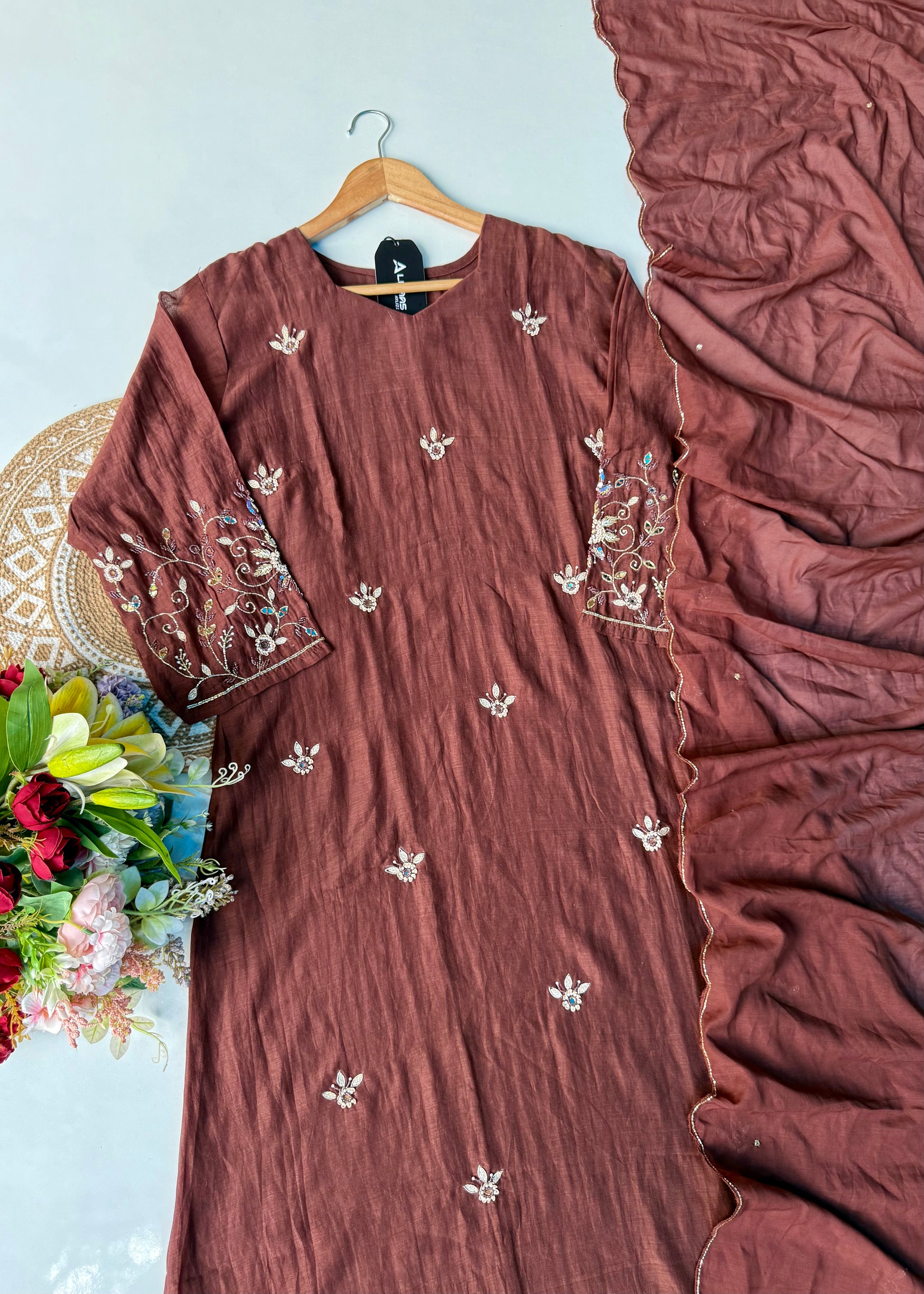 “Pihu” Premium Brown Mul Chanderi A-Line Anarkali Kurta