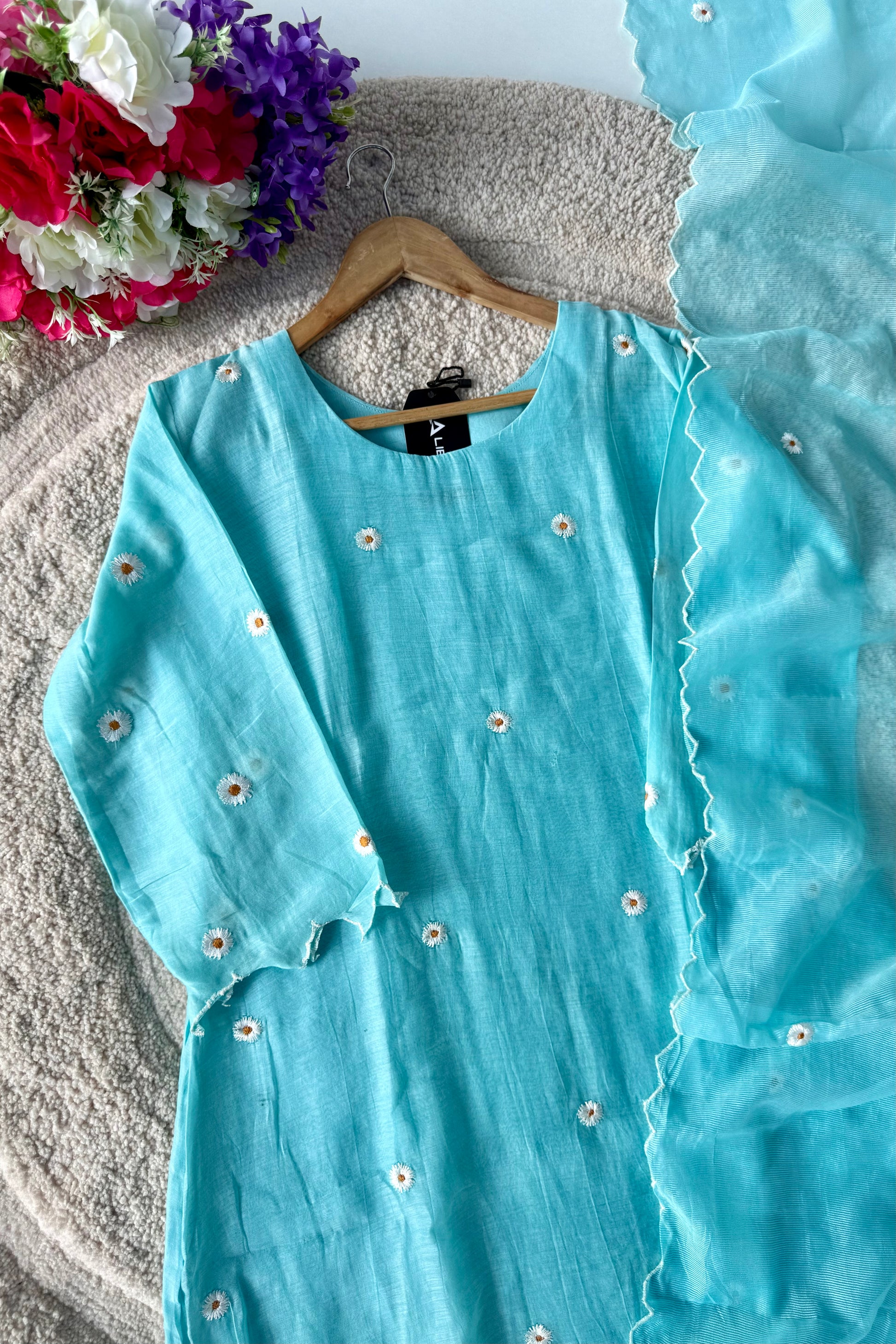💫Tara – Premium Sea Blue Mul Chanderi A Line Kurta Set