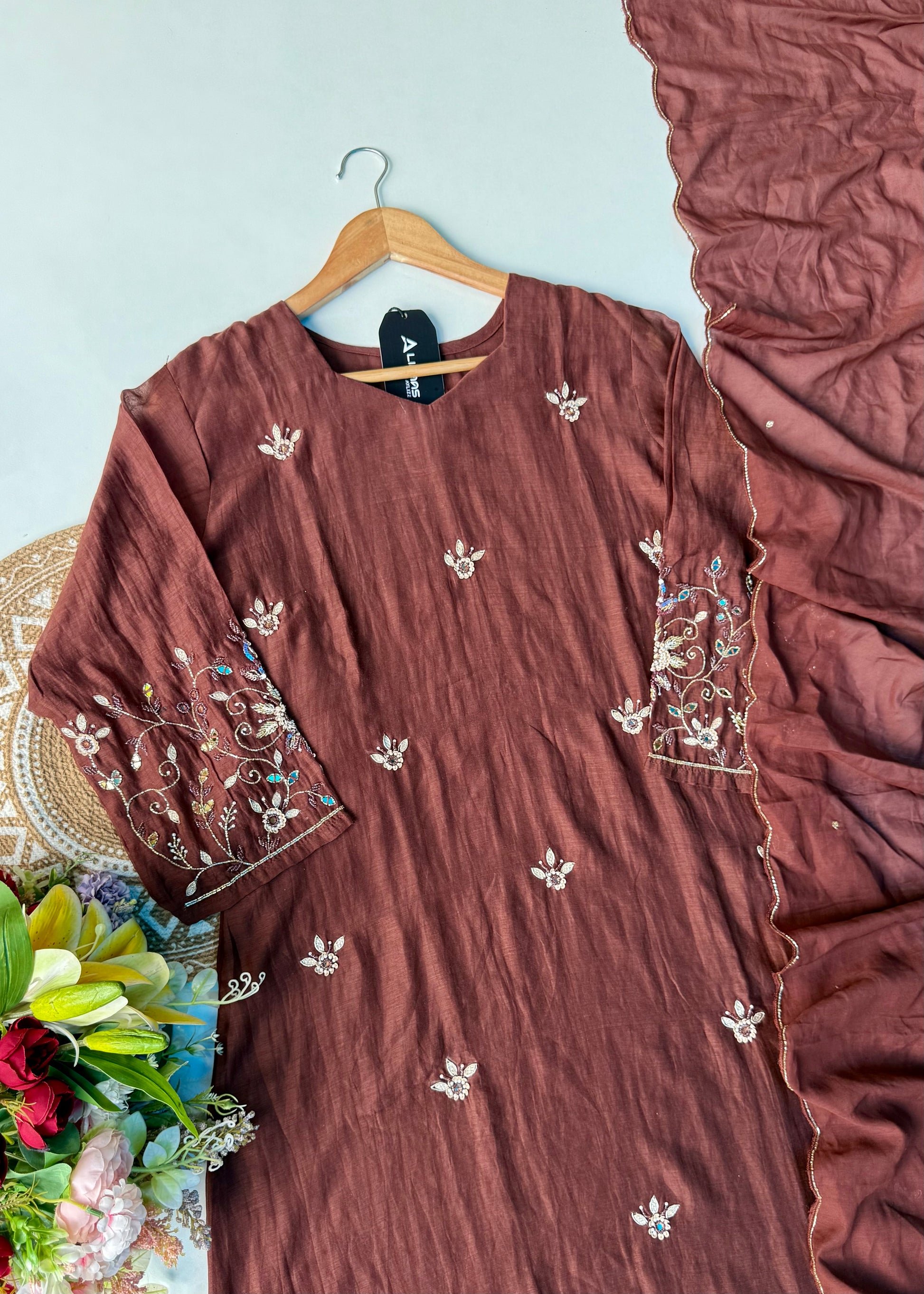 “Pihu” Premium Brown Mul Chanderi A-Line Anarkali Kurta