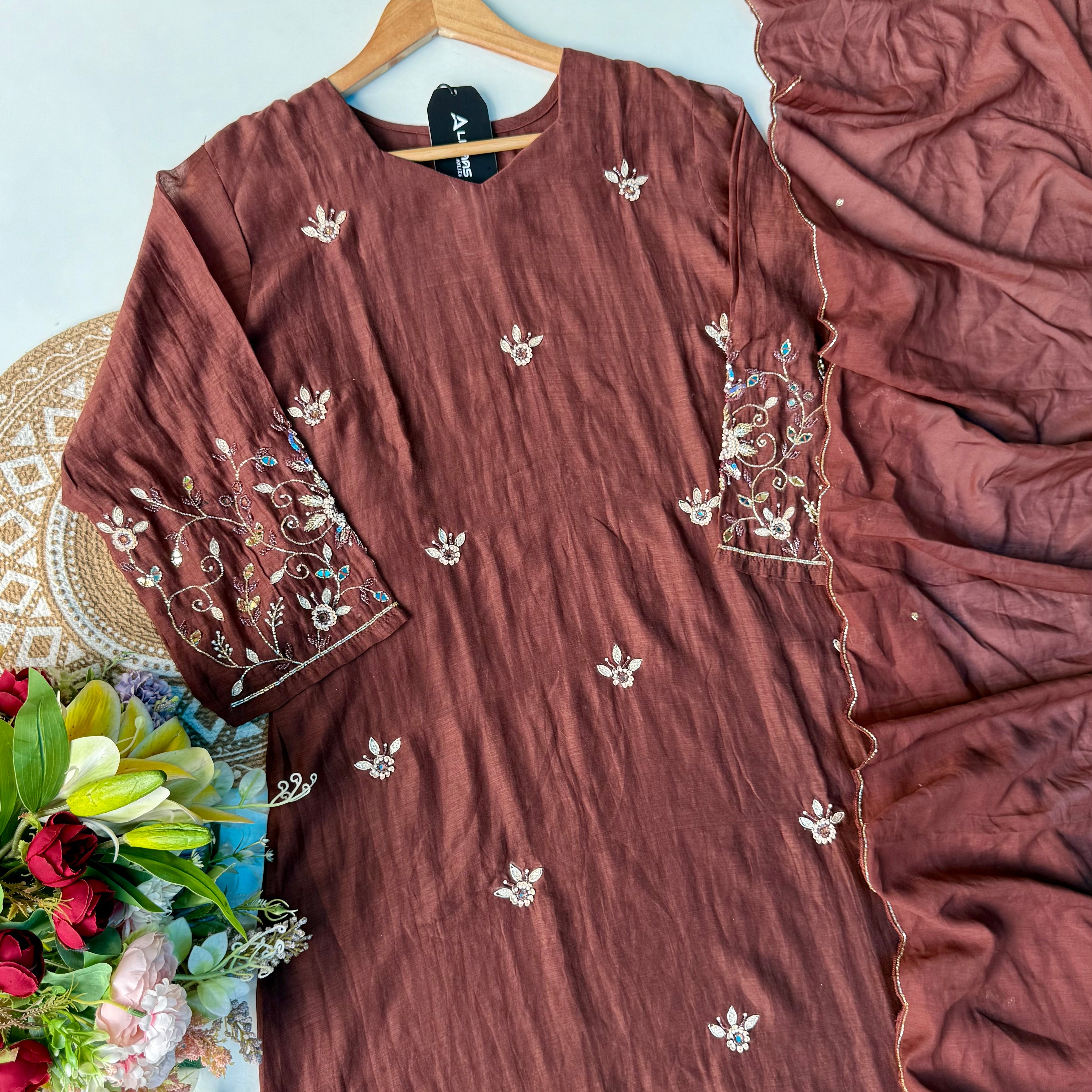 “Pihu” Premium Brown Mul Chanderi A-Line Anarkali Kurta