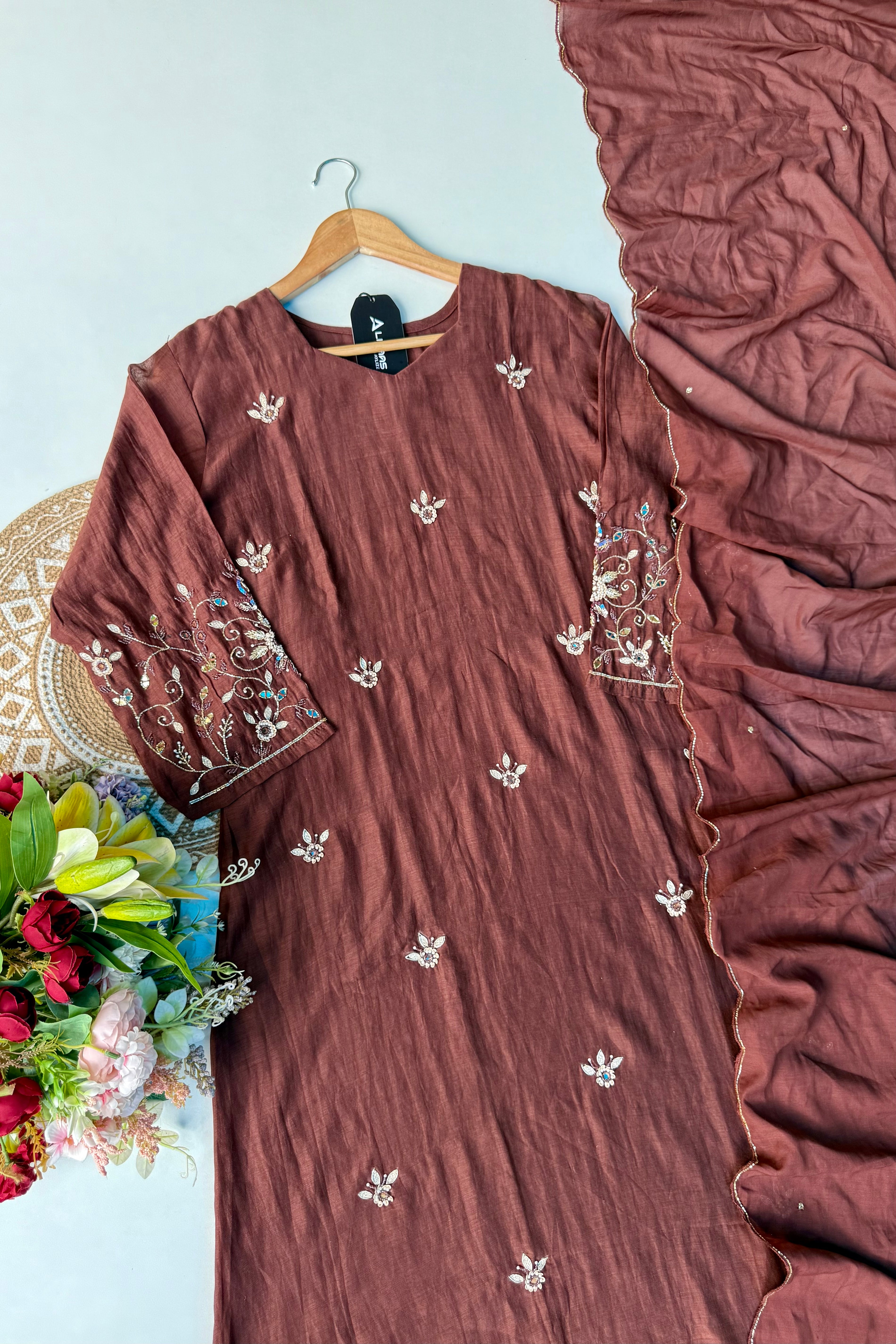 “Pihu” Premium Brown Mul Chanderi A-Line Anarkali Kurta