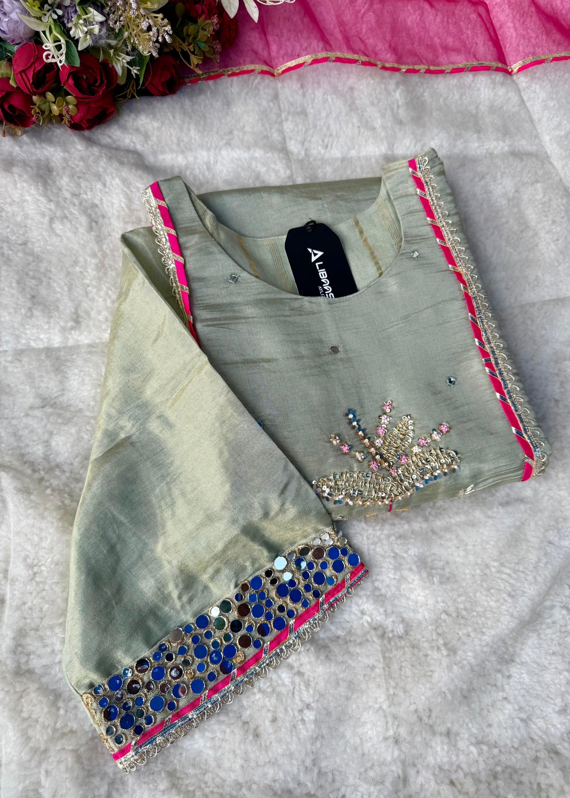 “Zara” Trending Mul Premium Mul Chanderi A Line Suit Set in Olive Green