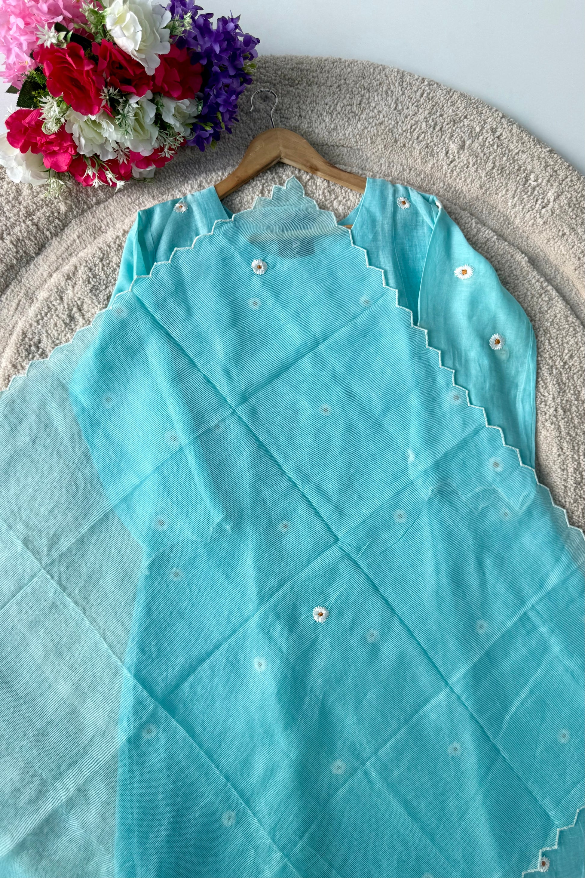💫Tara – Premium Sea Blue Mul Chanderi A Line Kurta Set