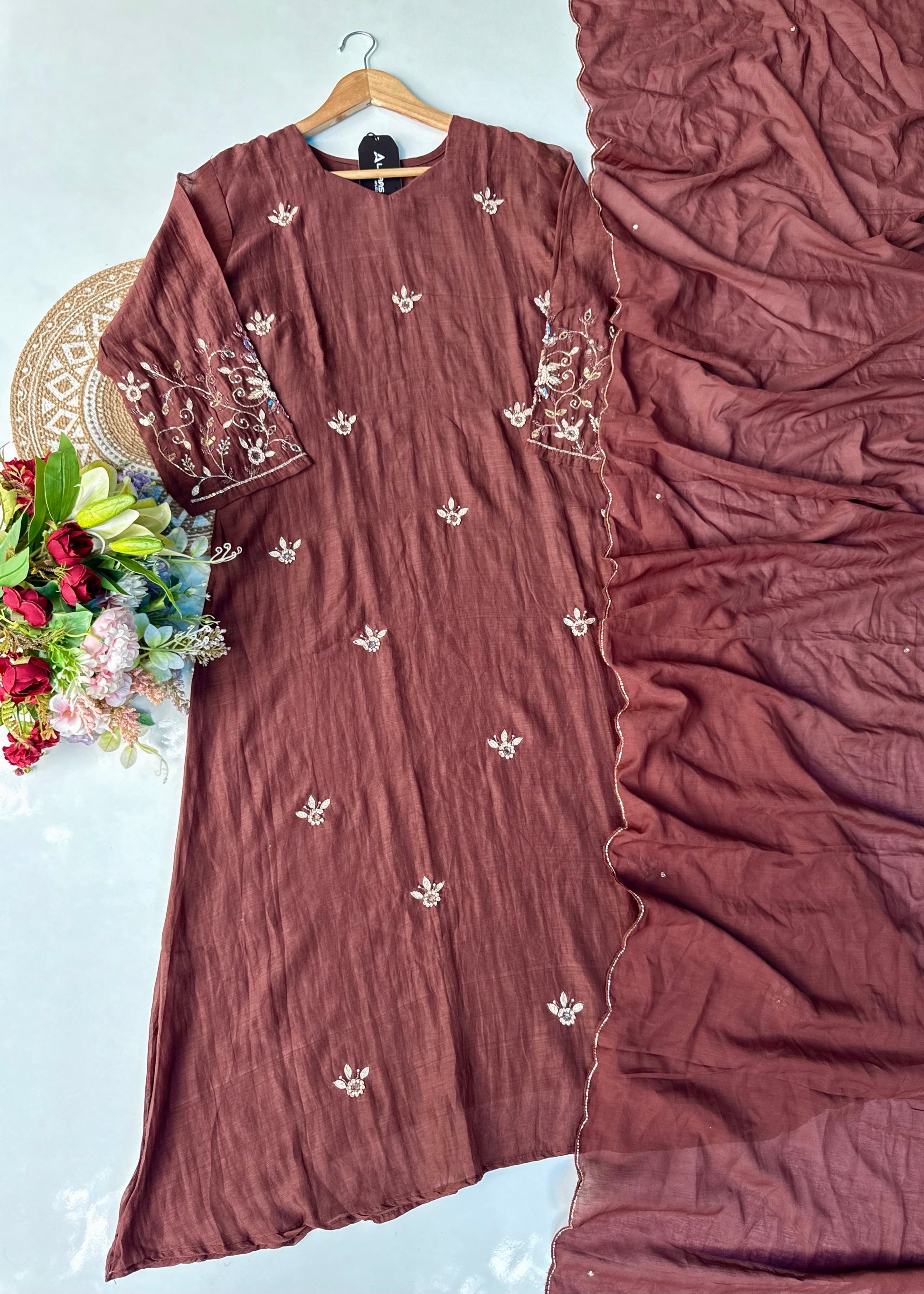 “Pihu” Premium Brown Mul Chanderi A-Line Anarkali Kurta