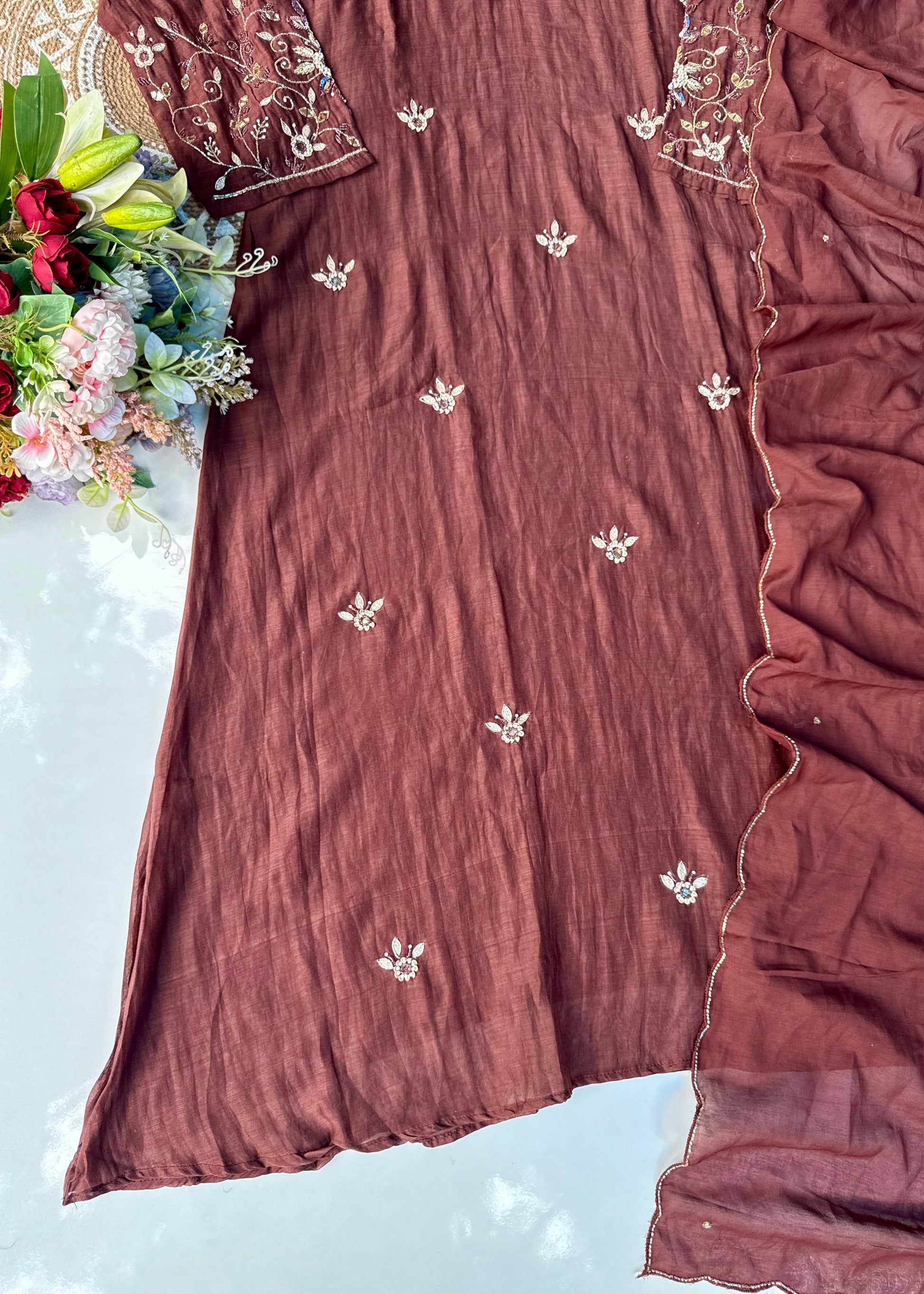“Pihu” Premium Brown Mul Chanderi A-Line Anarkali Kurta
