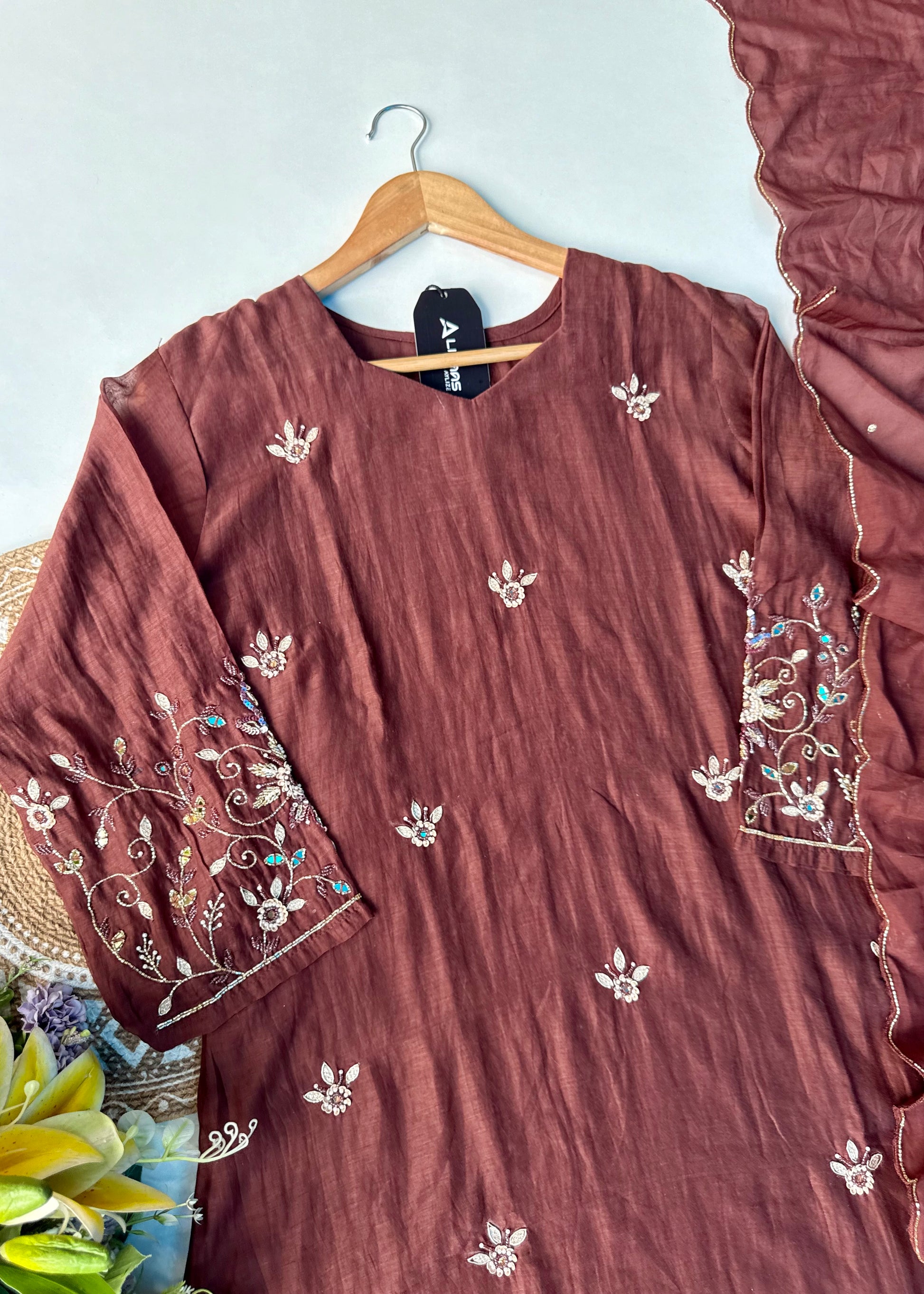 “Pihu” Premium Brown Mul Chanderi A-Line Anarkali Kurta