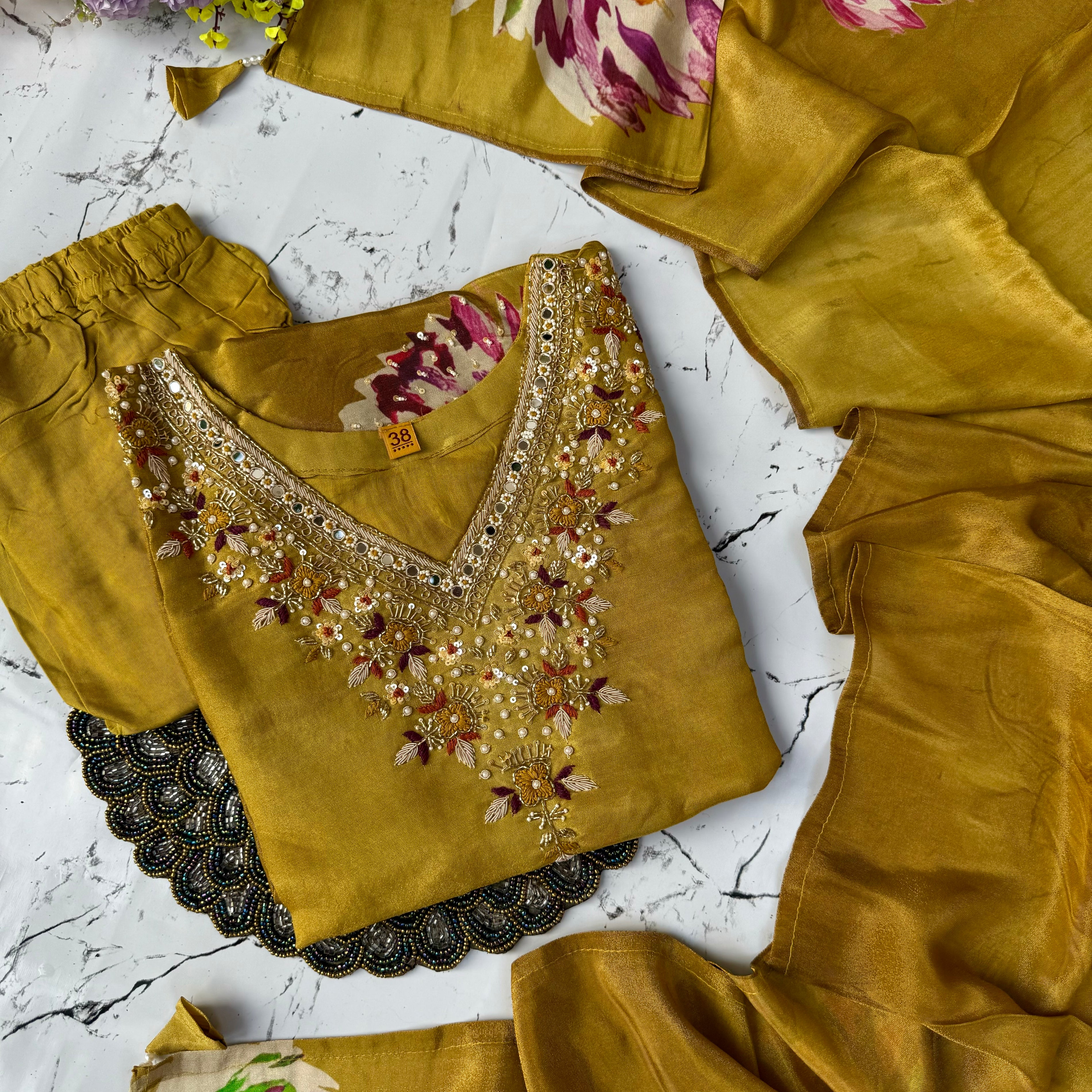 "MARYAM" Mustard printed Tissue silk kurti with heavy handwork set