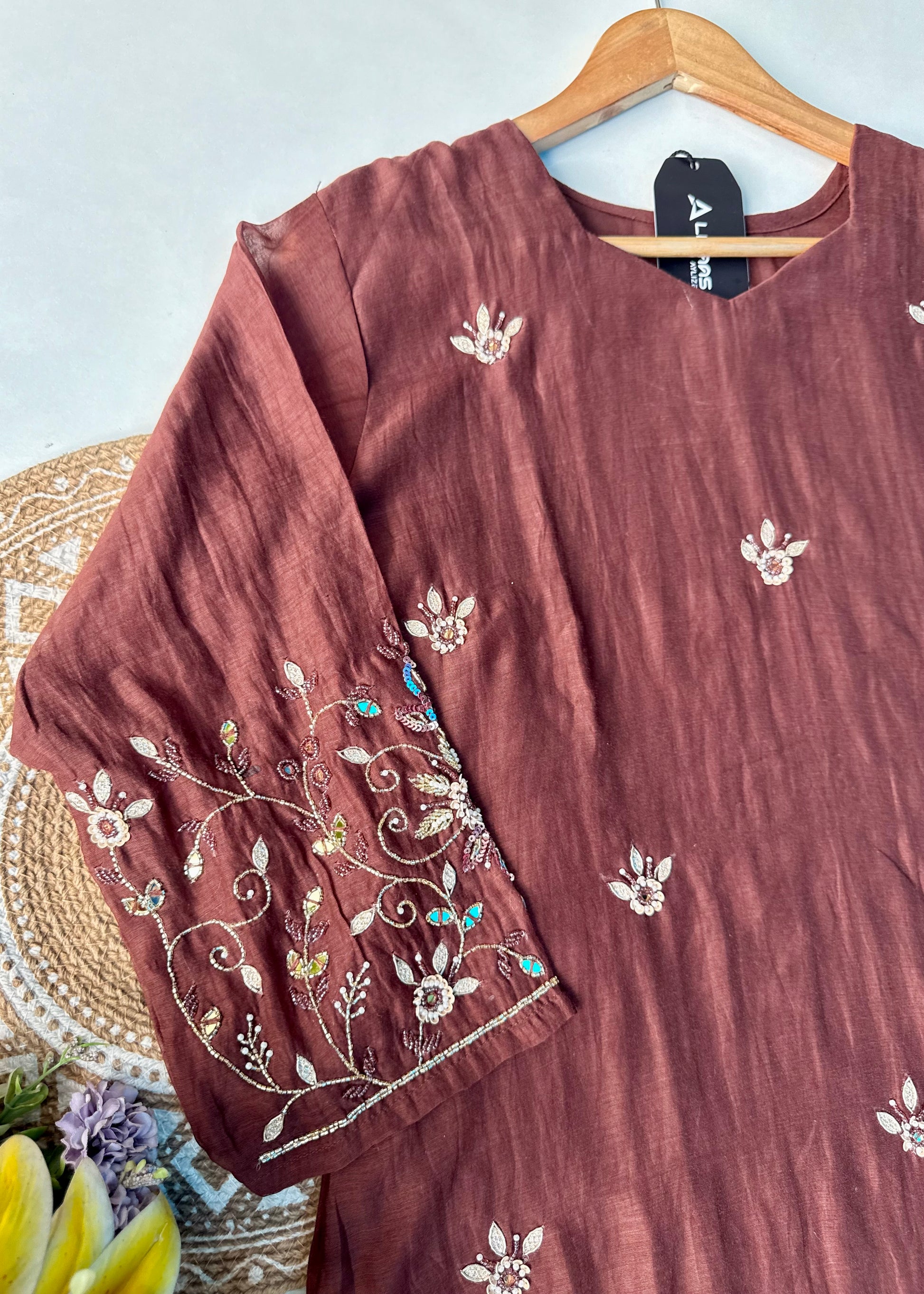 “Pihu” Premium Brown Mul Chanderi A-Line Anarkali Kurta