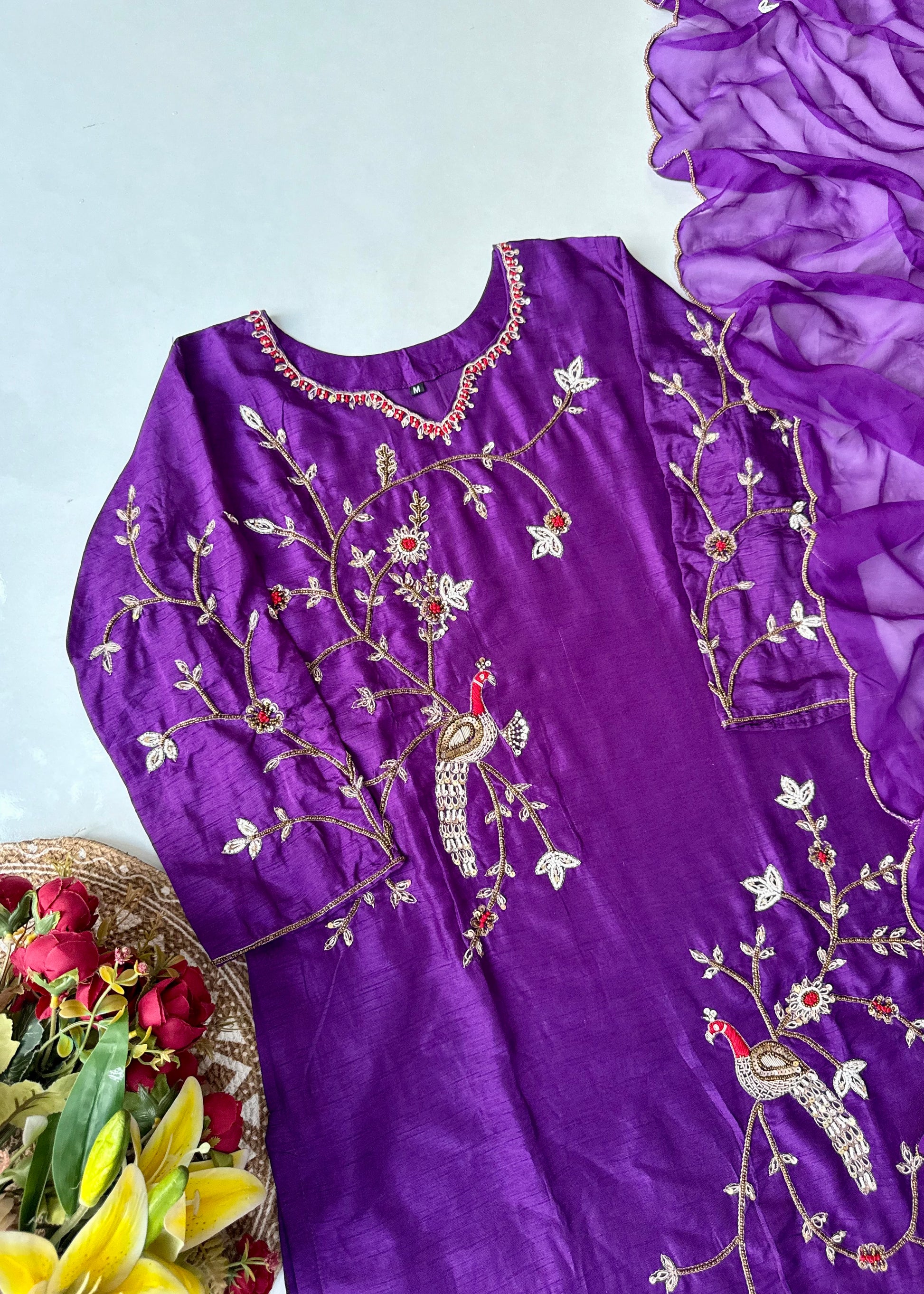 “Peacock” Royal Purple Dola Silk Peacock Handwork Suit Set
