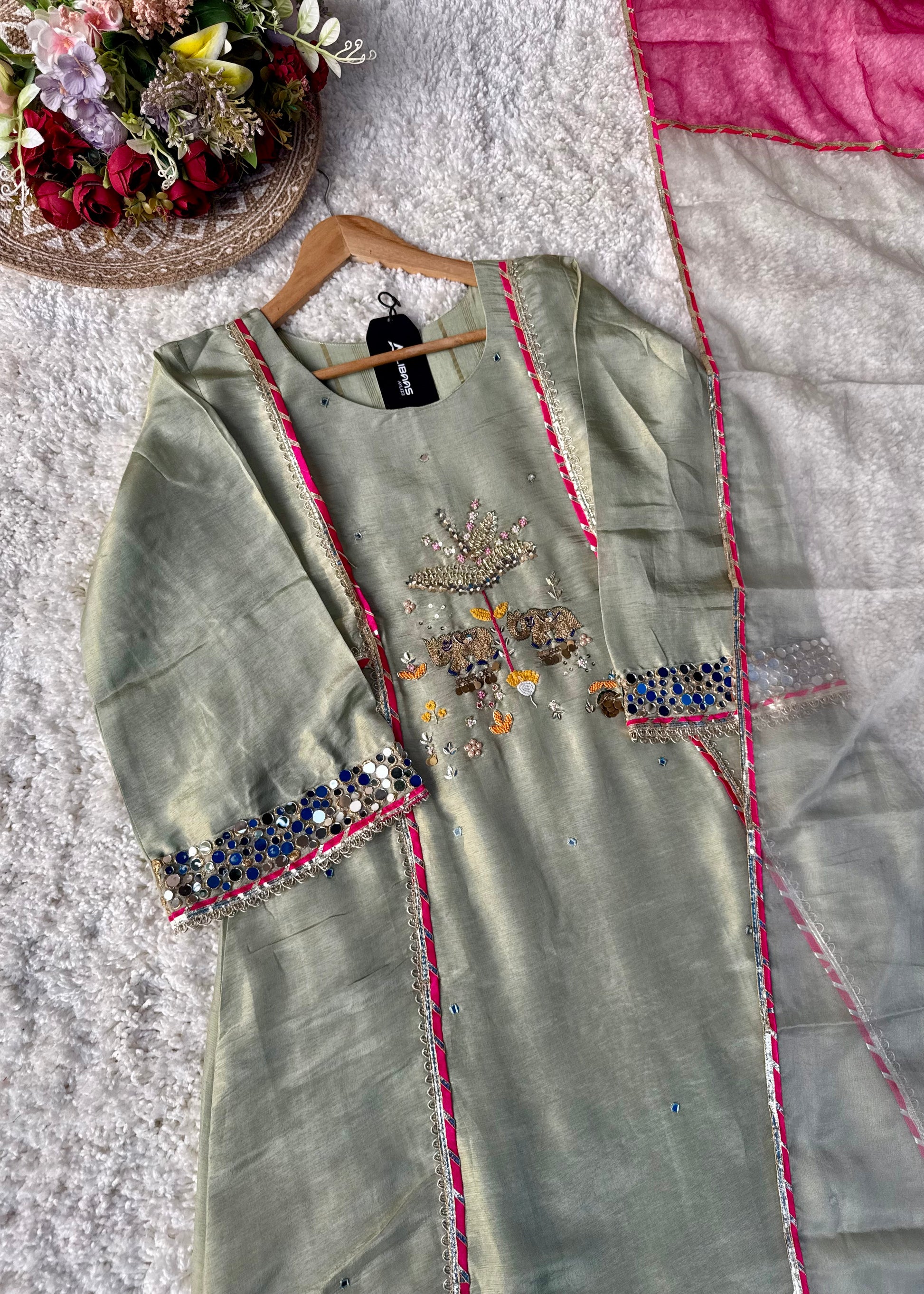 “Zara” Trending Mul Premium Mul Chanderi A Line Suit Set in Olive Green