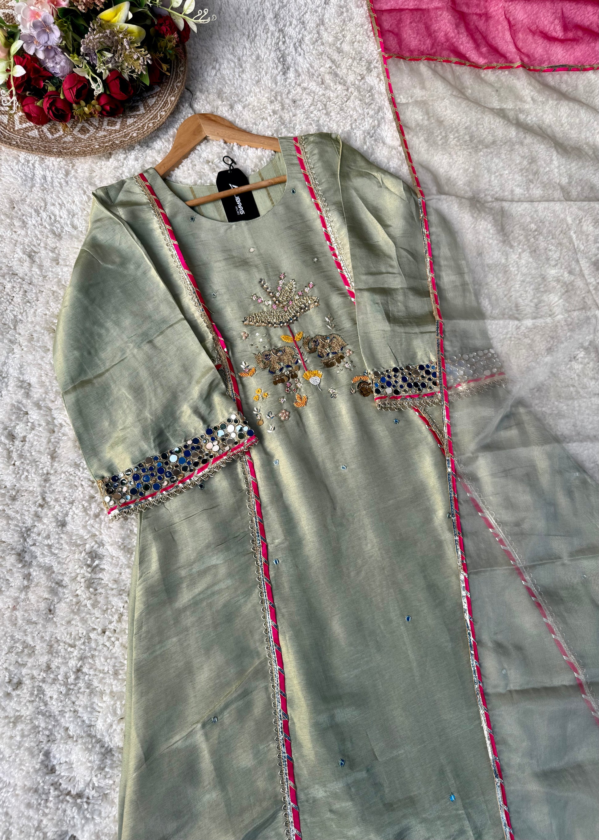 “Zara” Trending Mul Premium Mul Chanderi A Line Suit Set in Olive Green