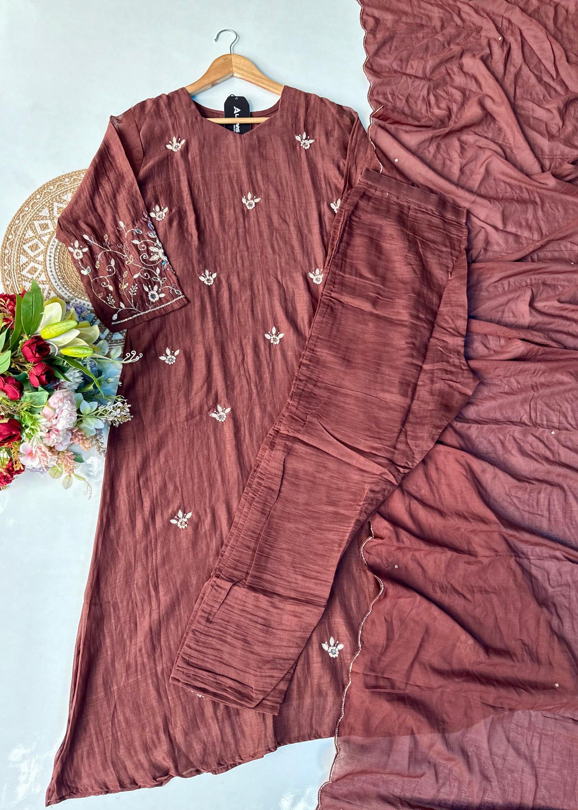 “Pihu” Premium Brown Mul Chanderi A-Line Anarkali Kurta