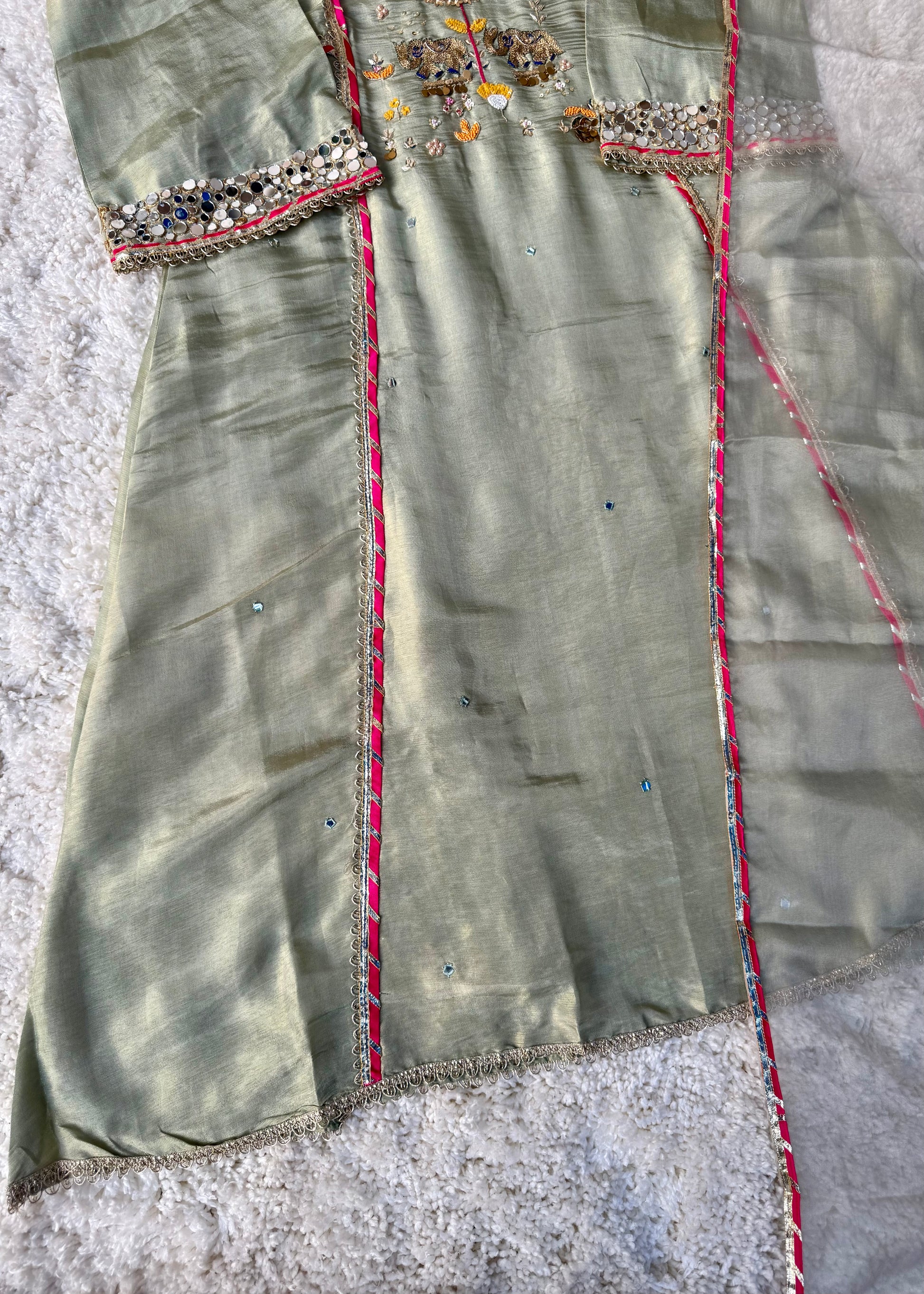 “Zara” Trending Mul Premium Mul Chanderi A Line Suit Set in Olive Green