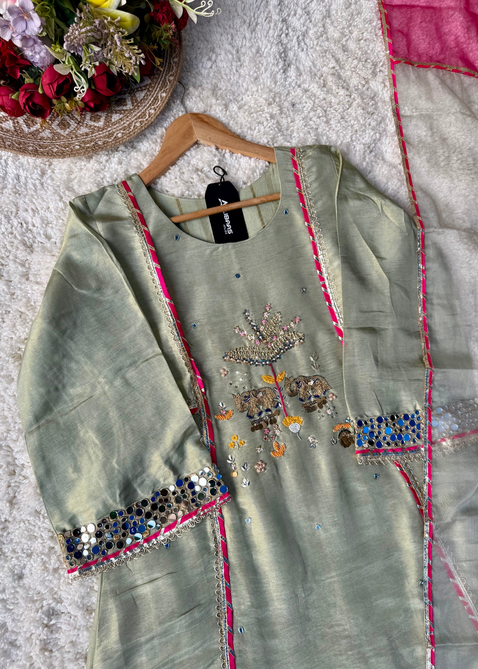 “Zara” Trending Mul Premium Mul Chanderi A Line Suit Set in Olive Green