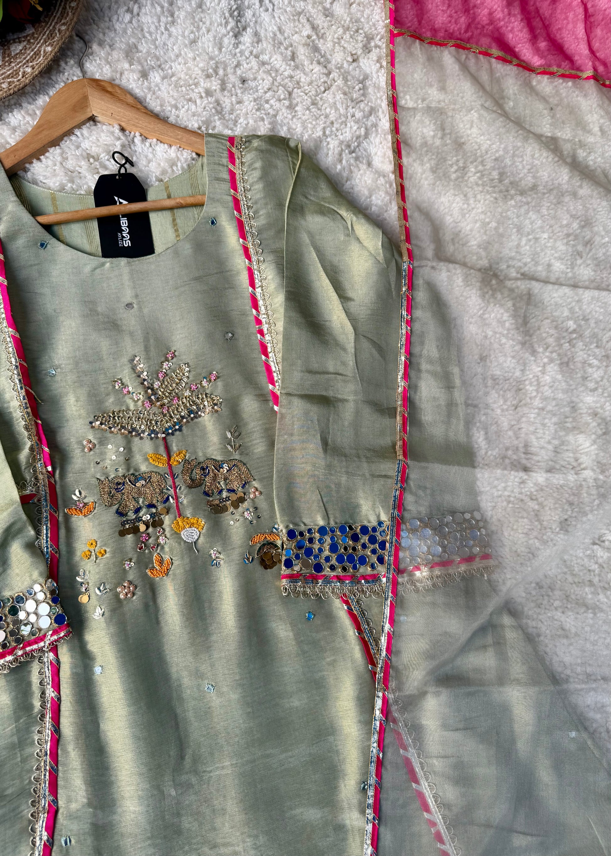 “Zara” Trending Mul Premium Mul Chanderi A Line Suit Set in Olive Green